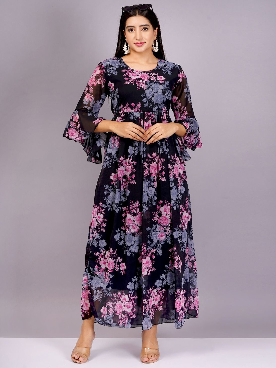 

JC4U Bell Sleeve Floral Empire Maxi Dress, Pink