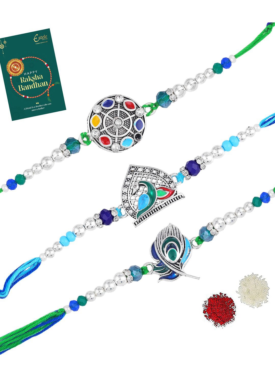 

Estele Set Of 3 Thread & Beaded Tie Up Rakhis, Blue