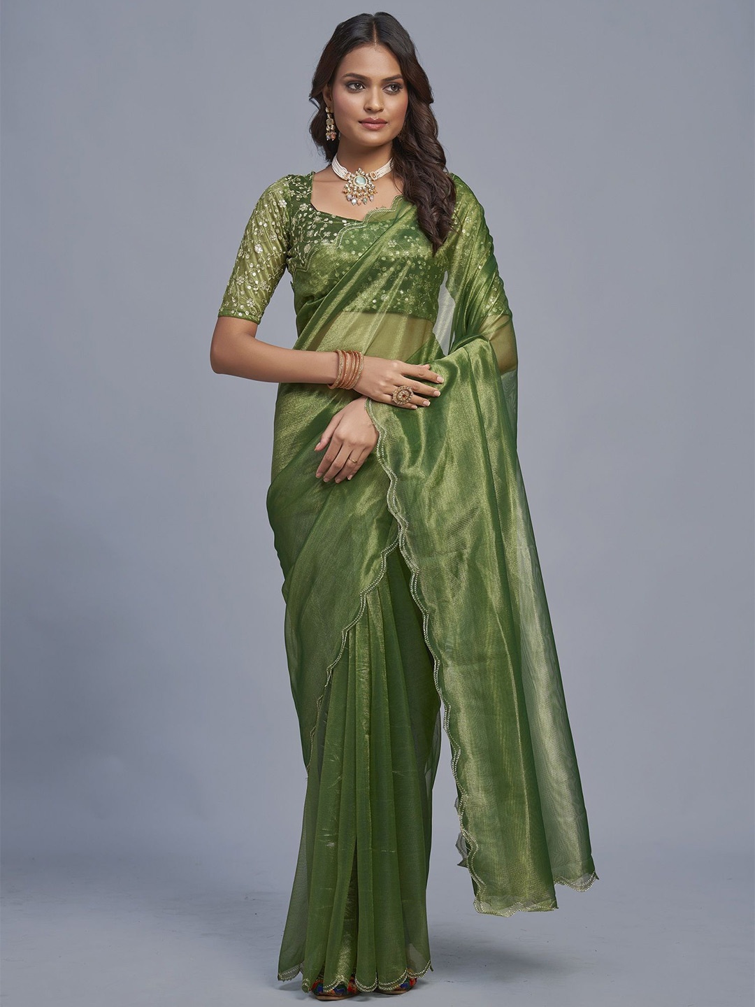 

LADY SHOPI Embroidered Organza Saree, Green