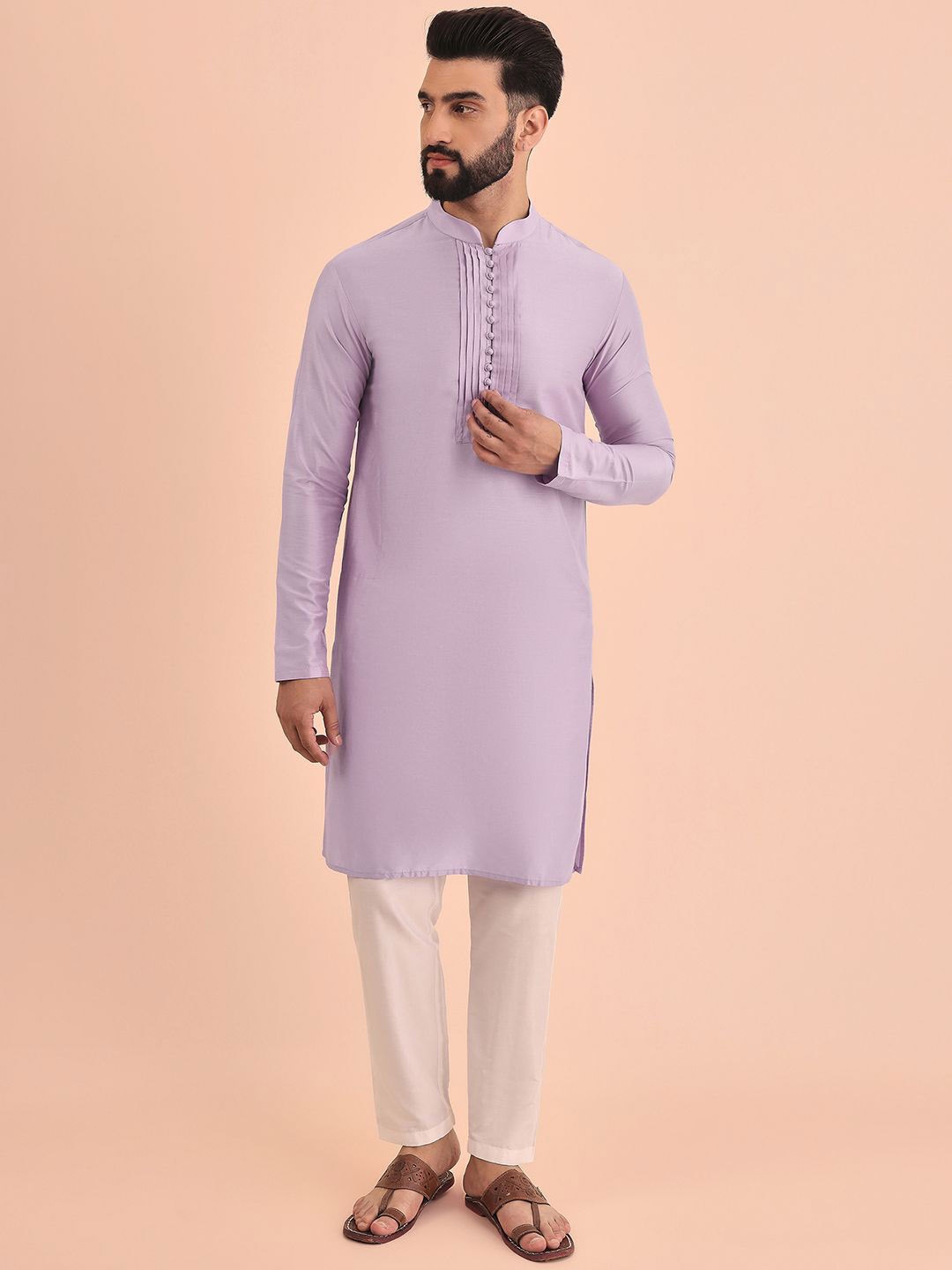 

Inddus Mandarin Collar Straight Pleated Kurta with Trousers, Purple