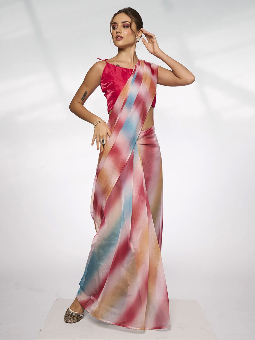 

Mitera Striped Organza Saree, Peach