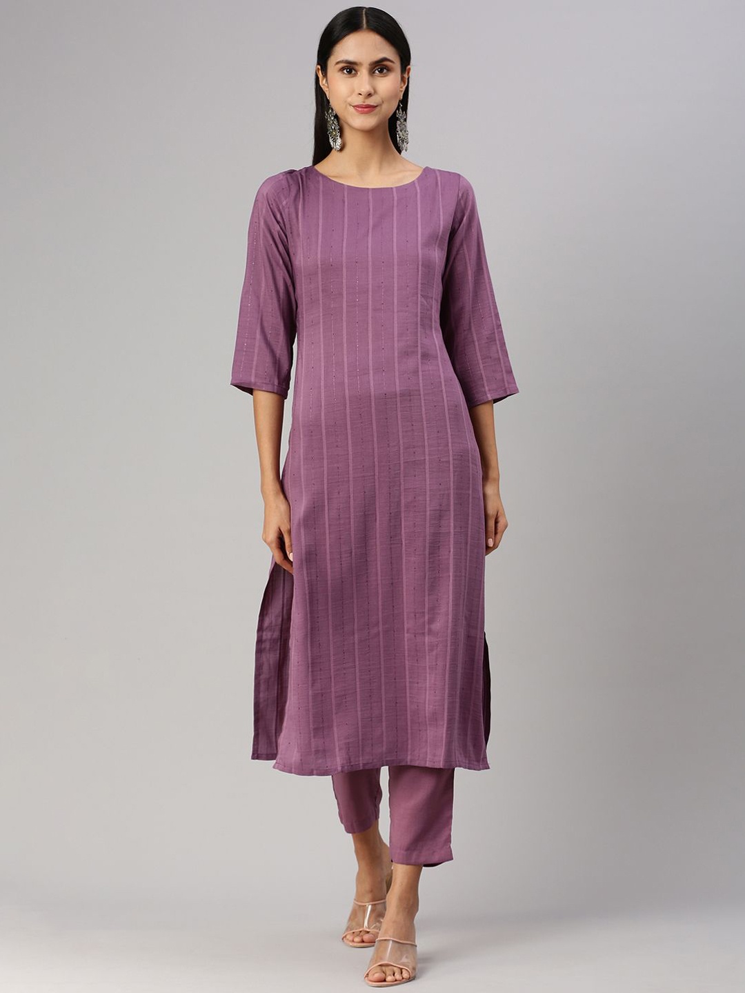 

KALINI Striped Round Neck Straight Kurta With Trousers, Violet