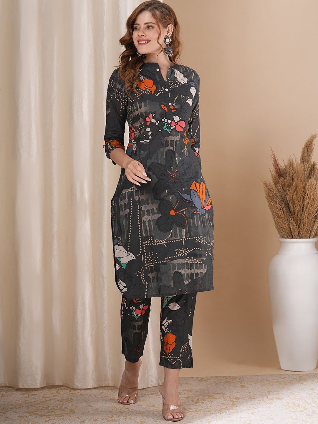 

FASHOR Abstract Floral Printed Tunic & Trouser, Green