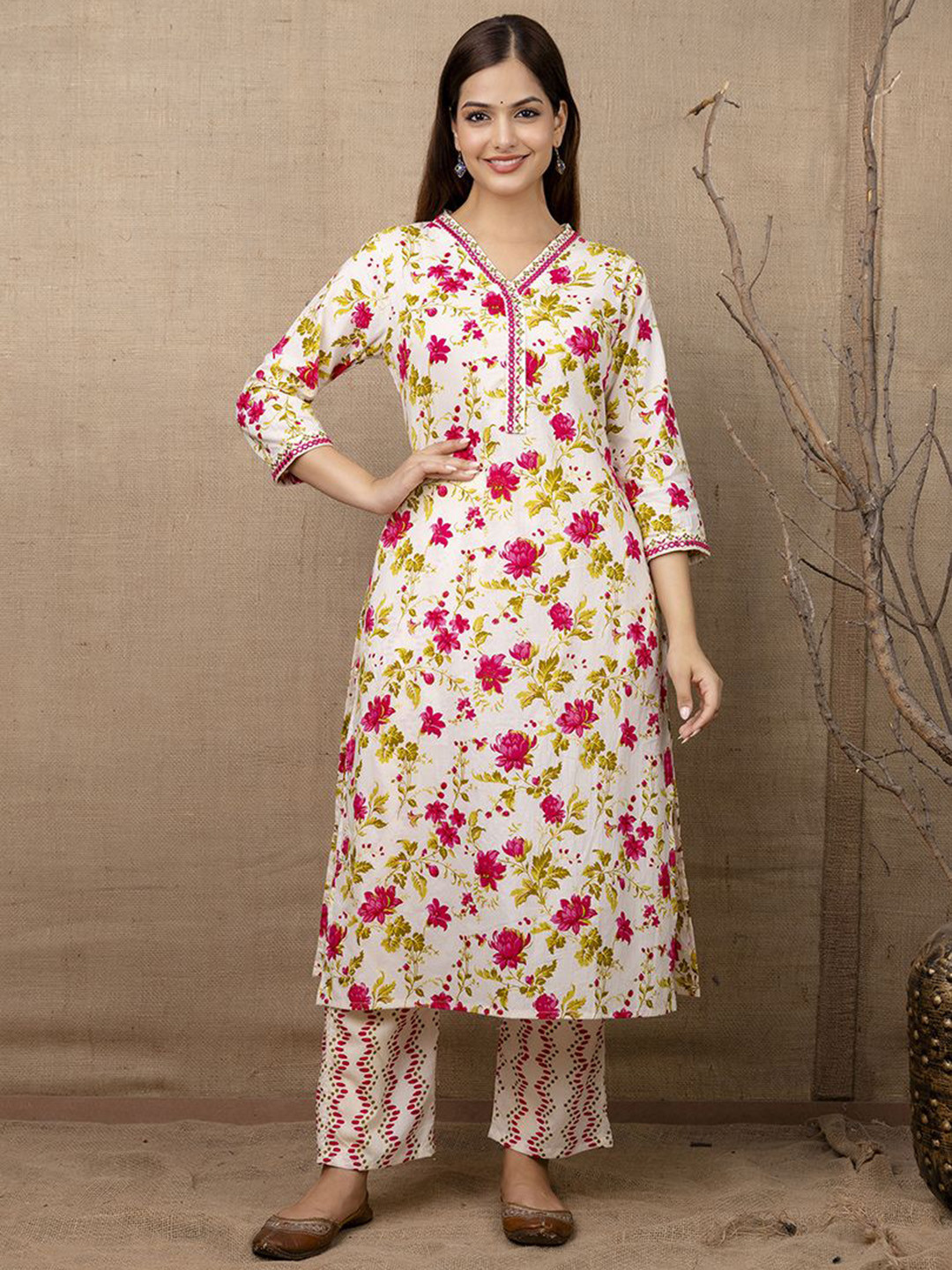 

Veshviti Floral Embroidered V-Neck Mirror Work Pure Cotton Straight Kurta With Trousers, Pink