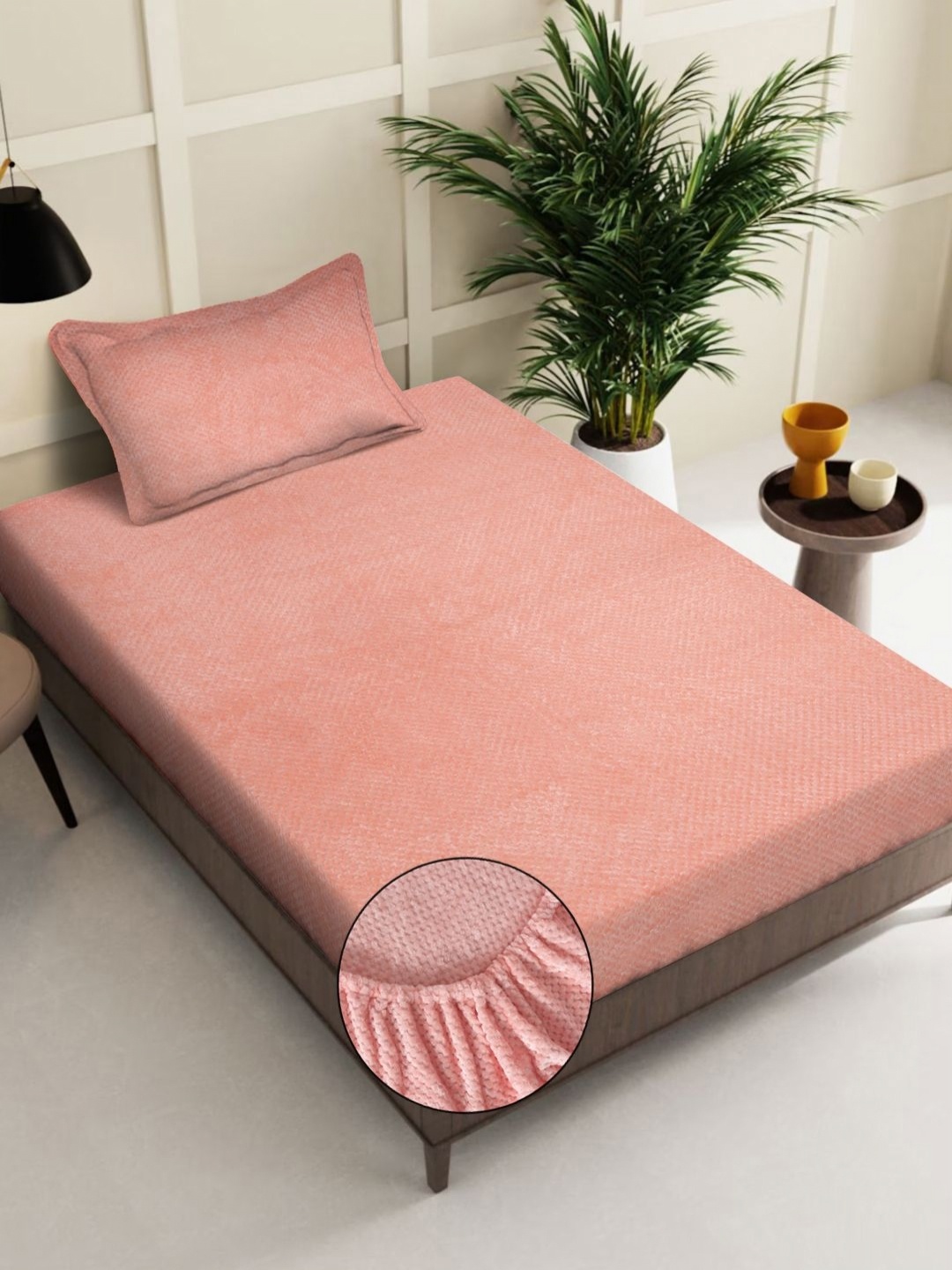 

KLOTTHE Orange-Colored Abstract 300TC Woolen Single Fitted Bedsheet & Pillow Cover