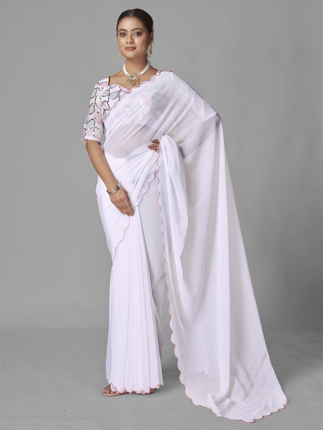 

LADY SHOPI Embroidered Pure Georgette Saree, White