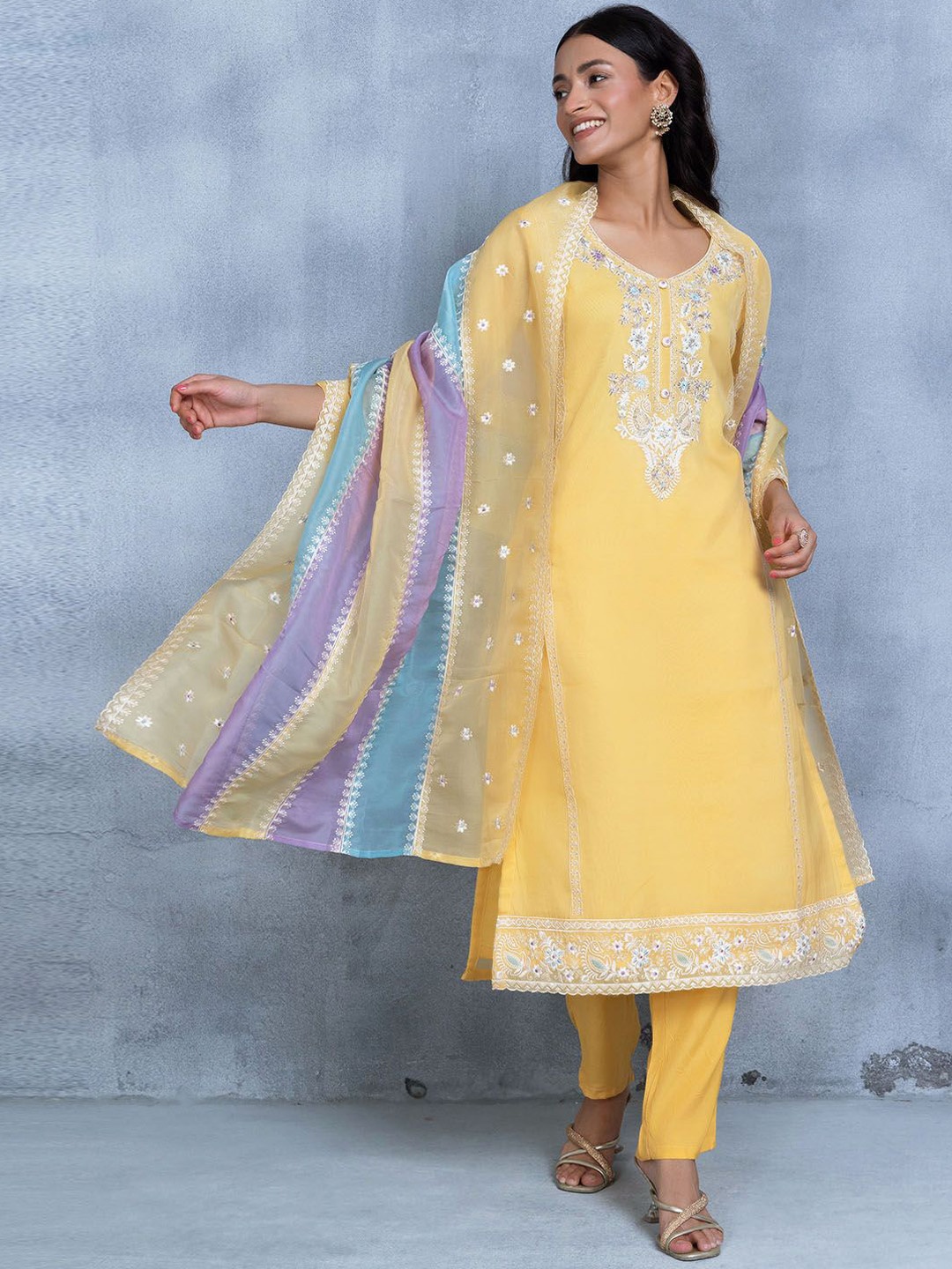 

Rang by Indya Ethnic Motifs Yoke Design Thread Work Straight Kurta With Trousers & Dupatta, Yellow