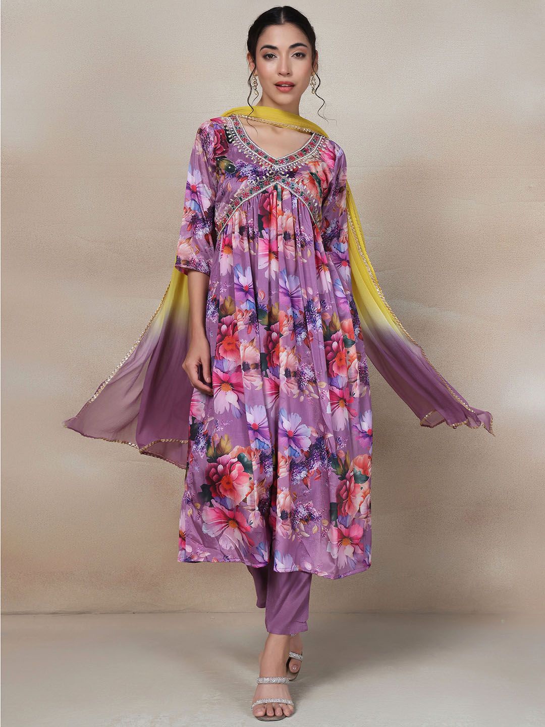 

Rang by Indya Floral Printed Anarkali Kurta with Trousers & With Dupatta, Purple