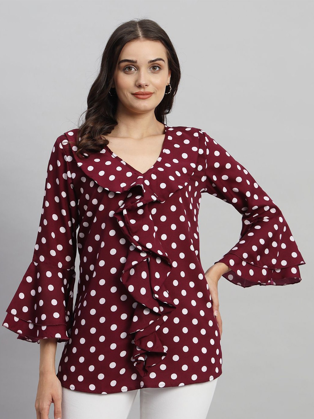 

Curvydrobe Women Polka Dots Printed Micro or Ditsy Print V-Neck Top, Burgundy