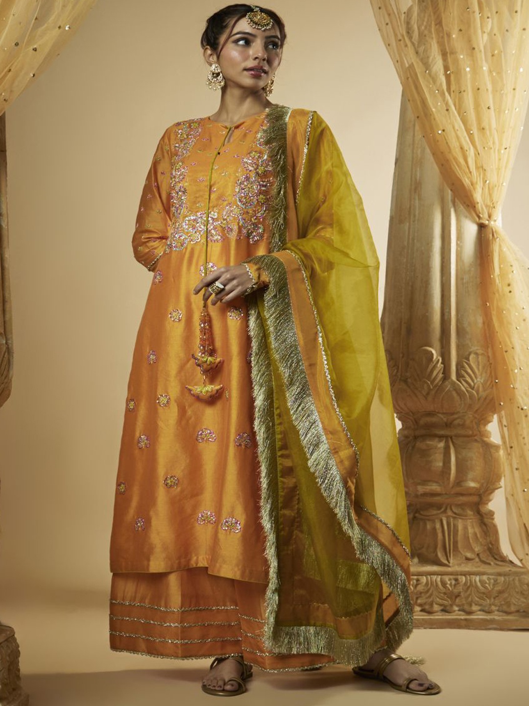 

The Aarya Floral Embroidered Zardozi Straight Kurta With Palazzos & Dupatta, Orange