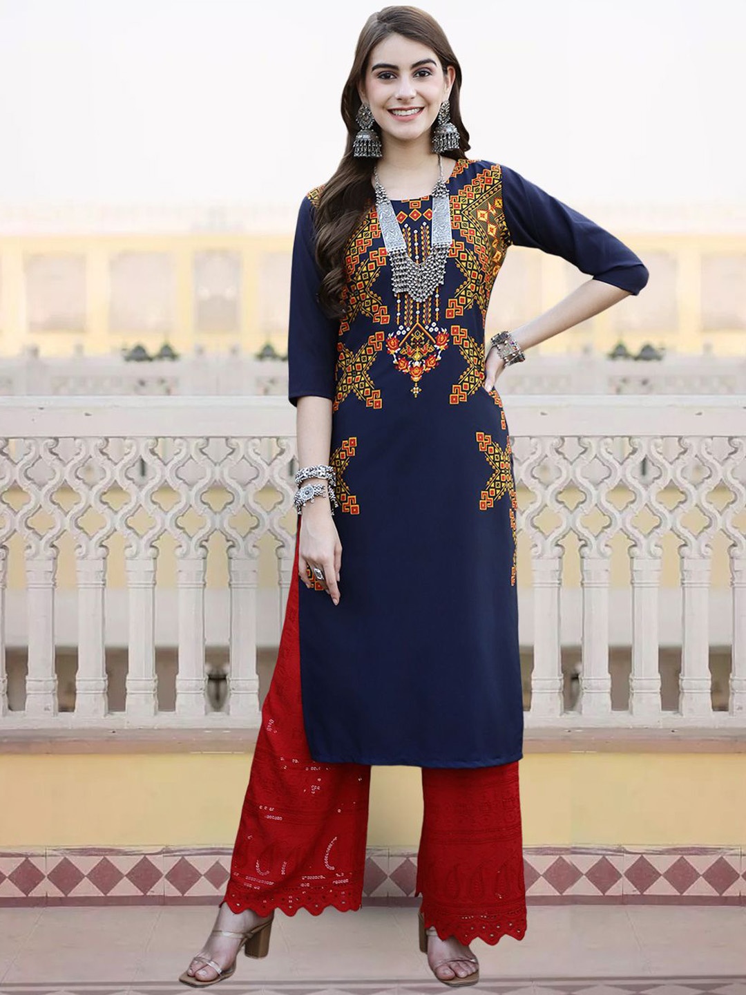 

7Threads Ethnic Motifs Printed Straight Kurta, Navy blue