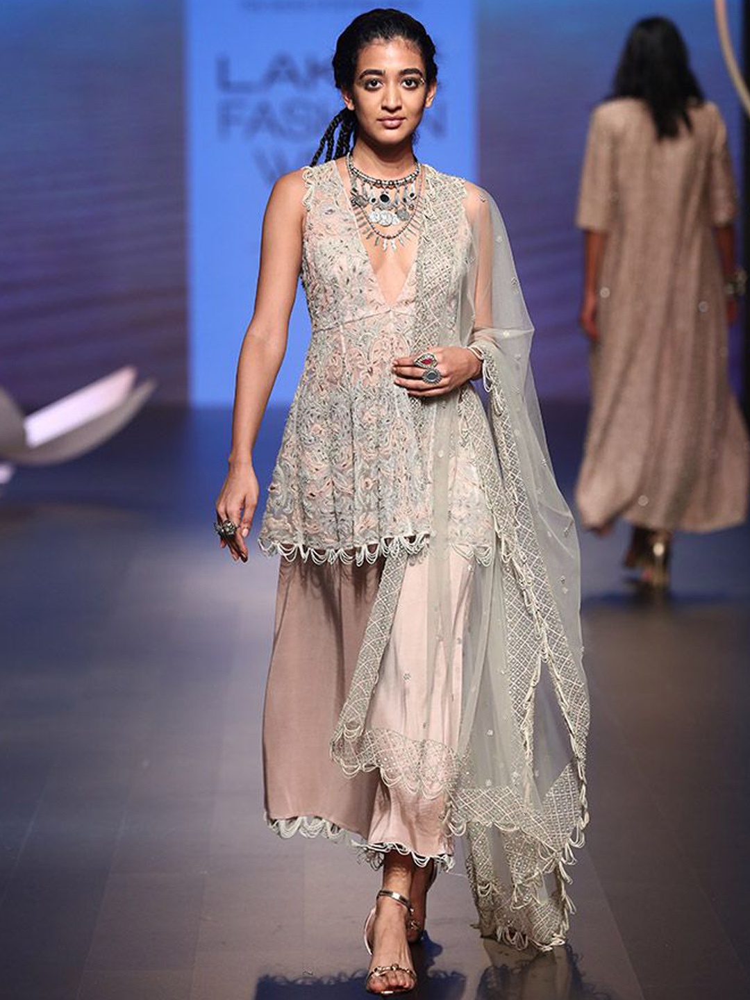 

Payal Singhal Floral Embroidered Regular Organza A-Line Kurti with Palazzos & Dupatta, Pink