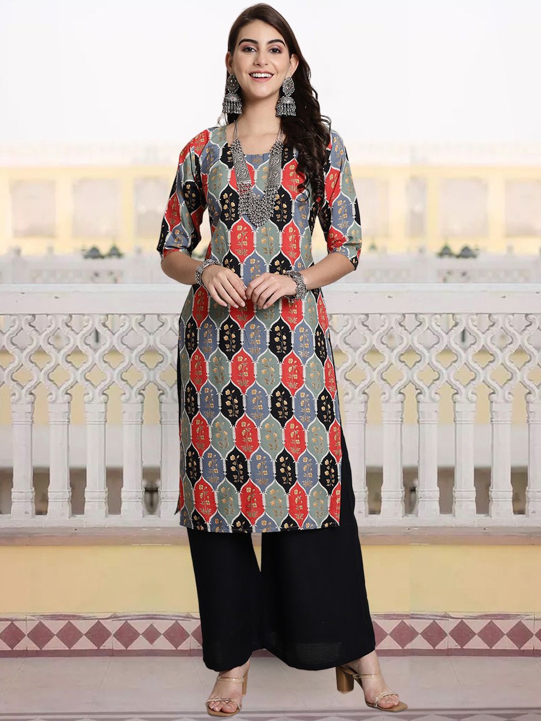 

7Threads Ethnic Motifs Printed Straight Kurta, Black