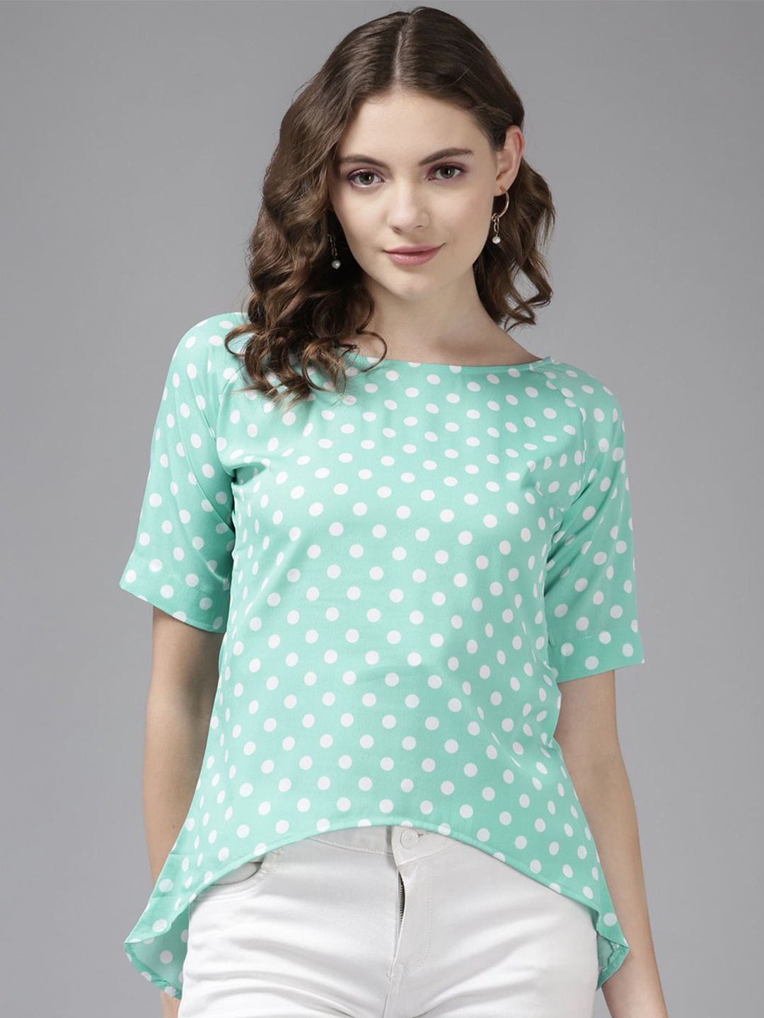 

BAESD Women Polka Dots Printed Round Neck Top, Turquoise blue