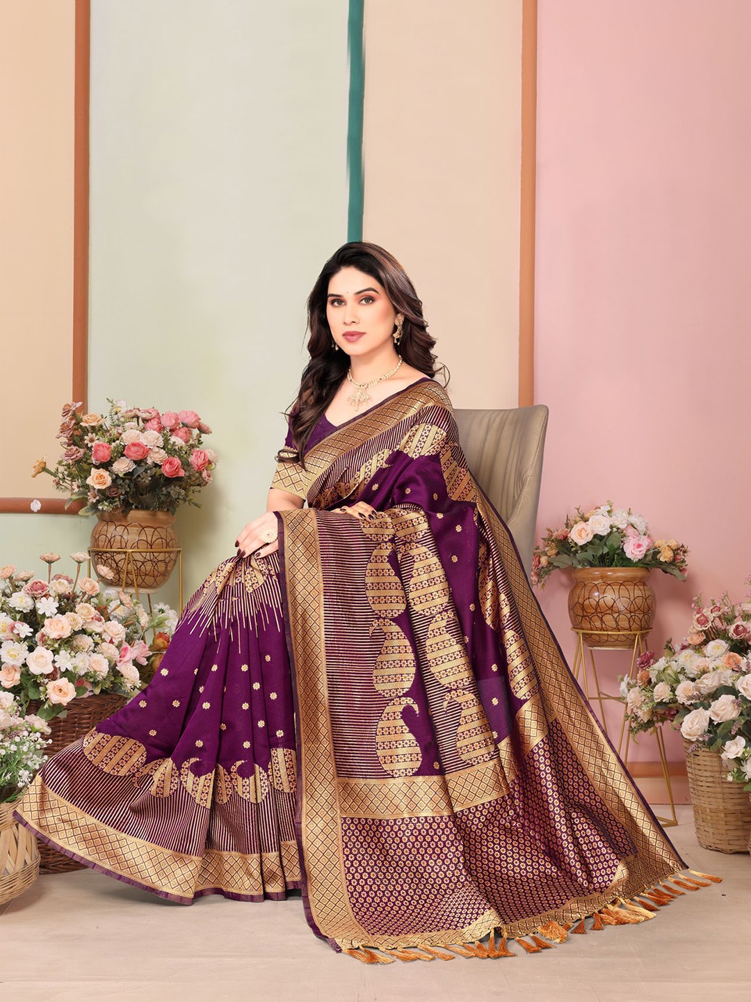 

Om Shantam Sarees Woven Design Zari Kanjeevaram Saree, Magenta