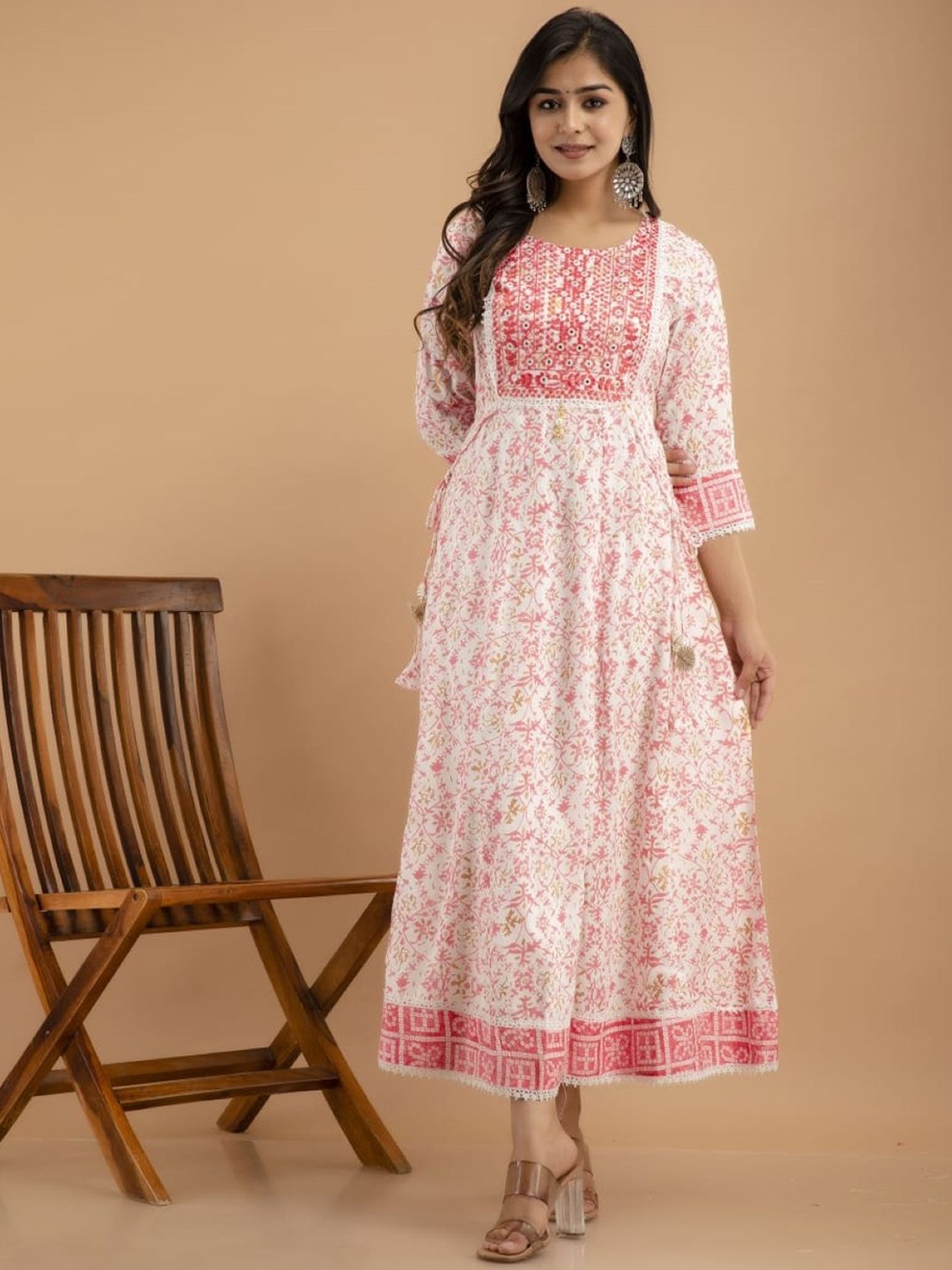 

PARTHVI Floral Printed Embroidered Thread Work Cotton Anarkali Kurta, Pink