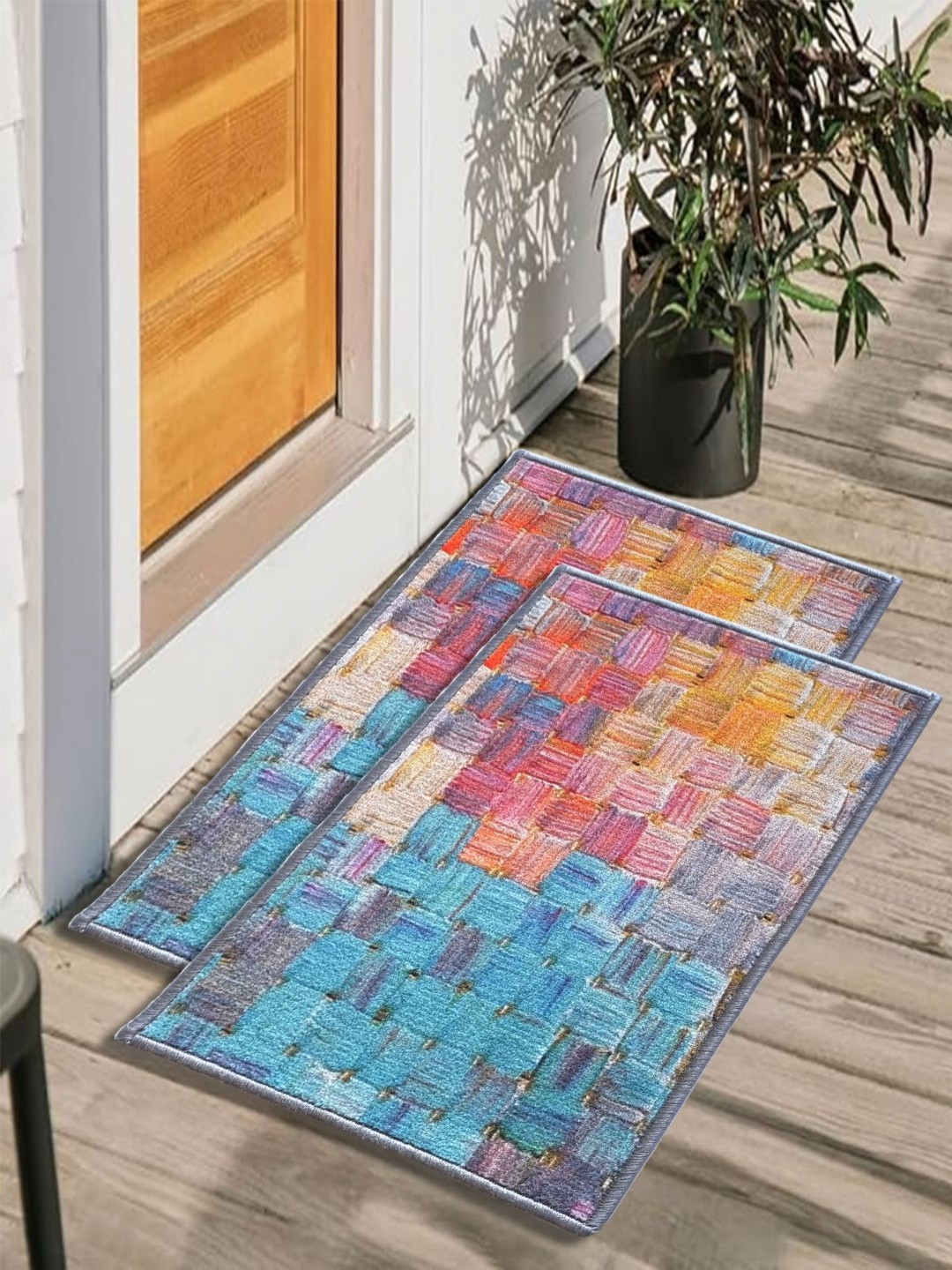 

Matz and More Turquoise Blue & Orange 2 Pieces Abstract Rectangle Anti-Skid Doormats