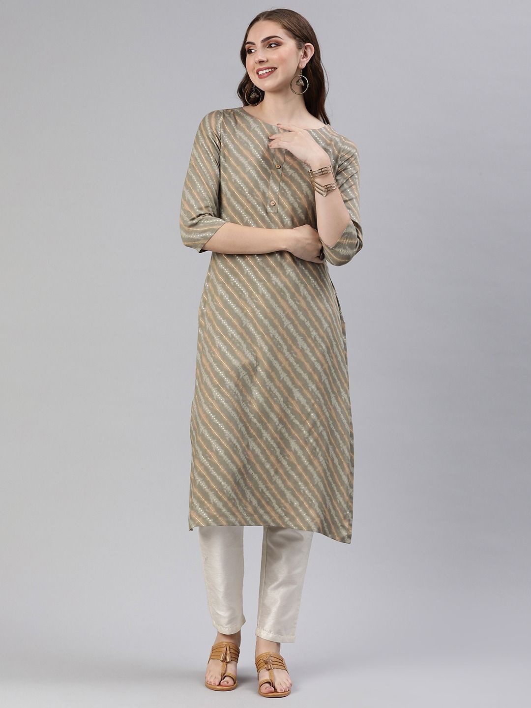 

KALINI Leheriya Printed Straight Kurta, Grey