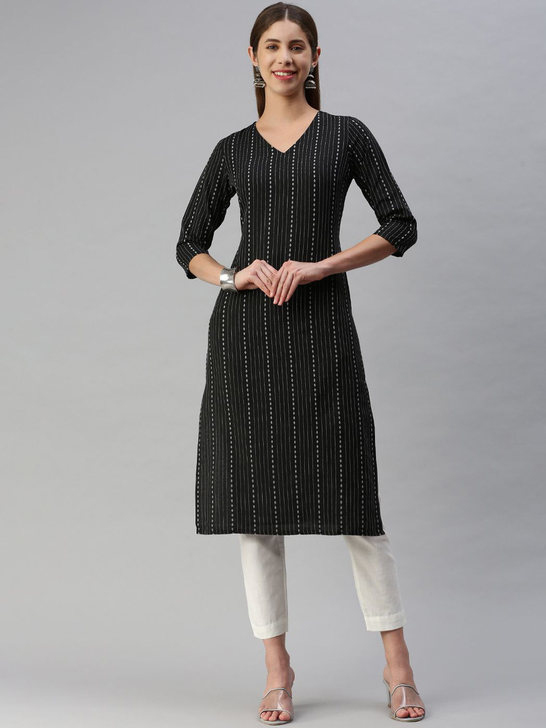 

KALINI Striped Printed V Neck Straight Kurta, Black