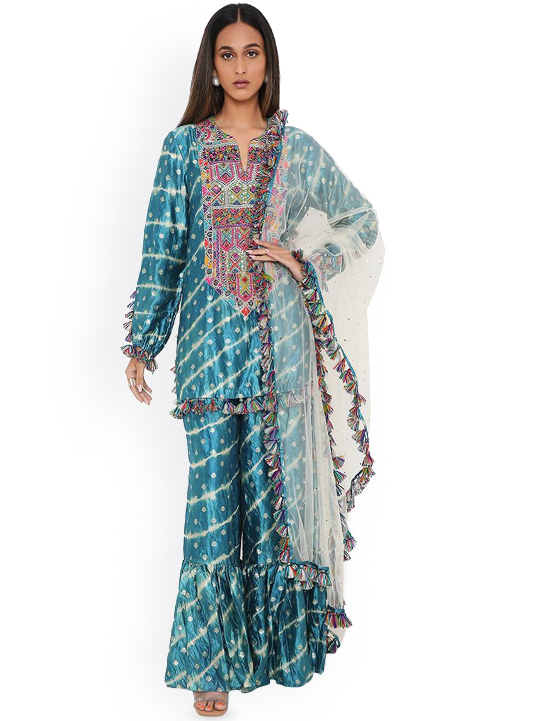 

Payal Singhal Leheriya Embroidered Straight Kurta With Sharara & Dupatta, Blue