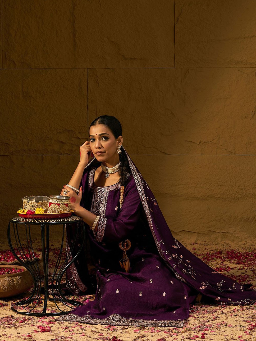 

Indo Era Ethnic Motifs Embroidered Thread Work Straight Kurta With Trousers & Dupatta, Purple
