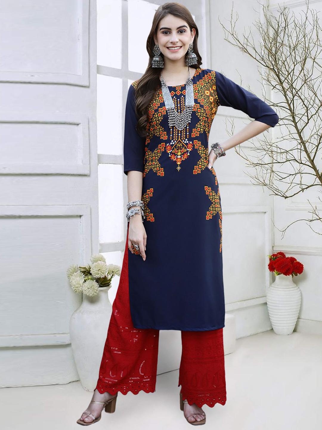

7Threads Ethnic Motifs Printed Round Neck Crepe Straight Kurta, Navy blue