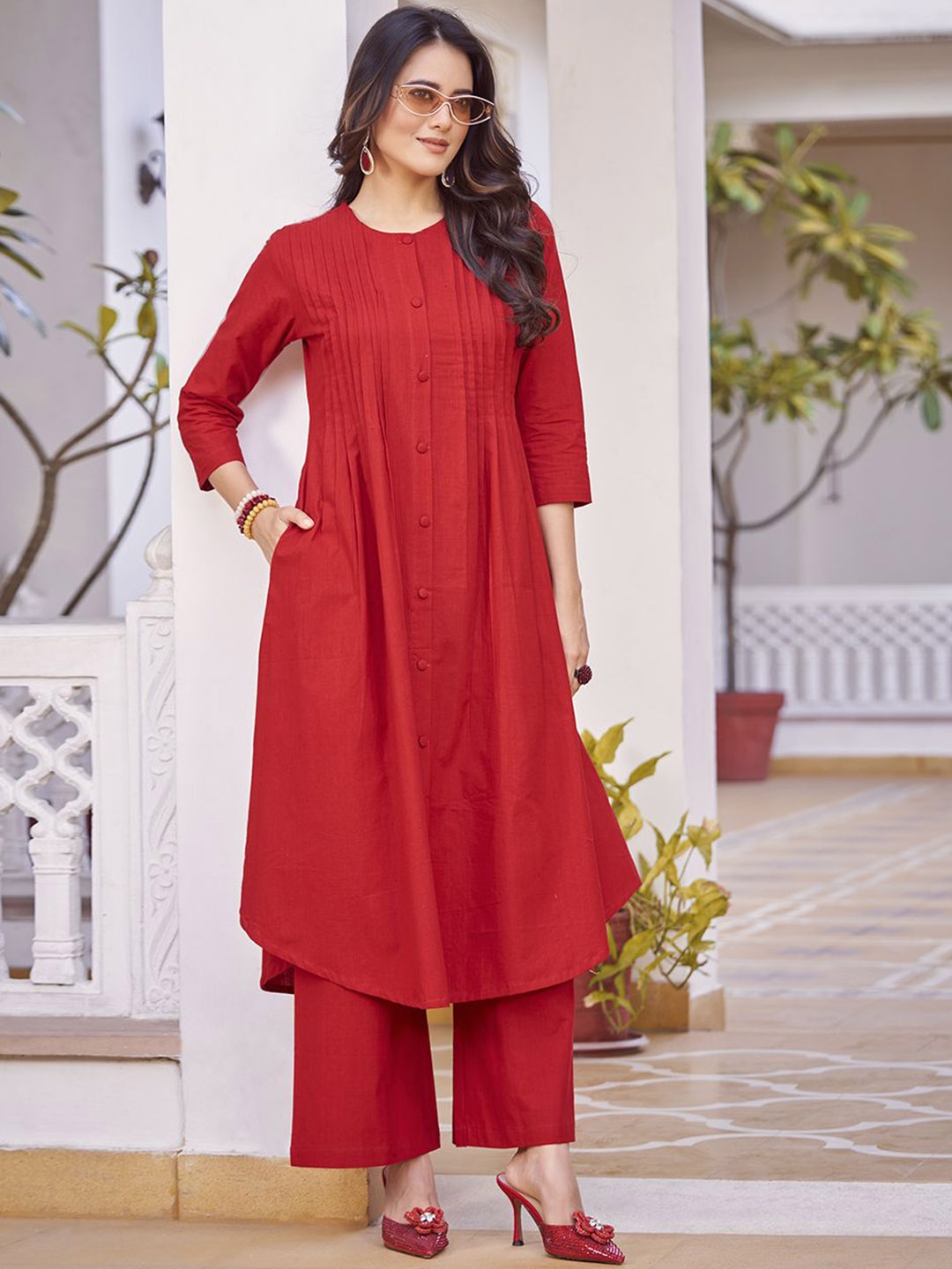 

KALINI Pure Cotton Pleated A-Line Kurta with Trousers, Red