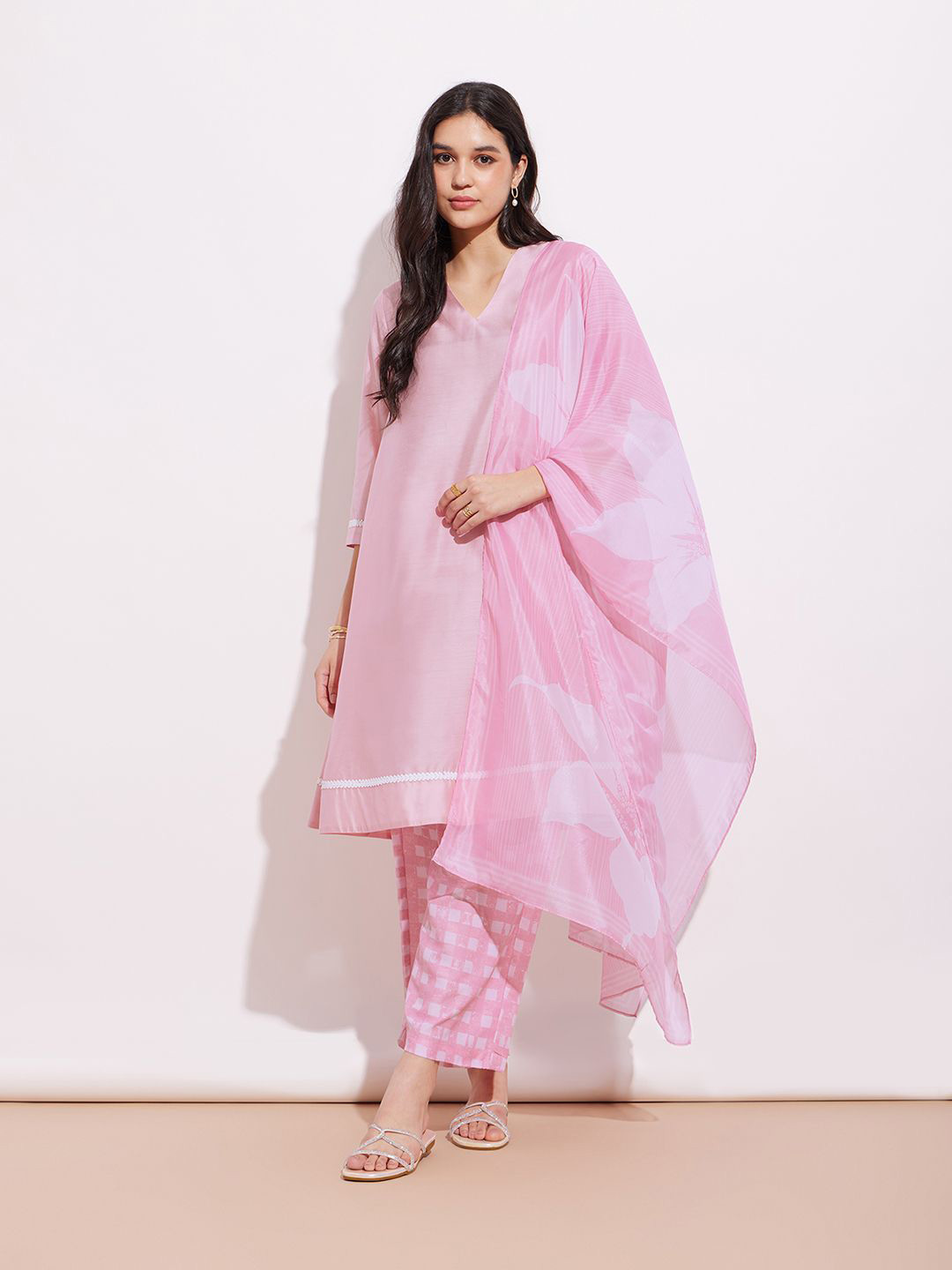 

Pink Fort V-Neck Regular A-Line Kurta with Trousers & Dupatta