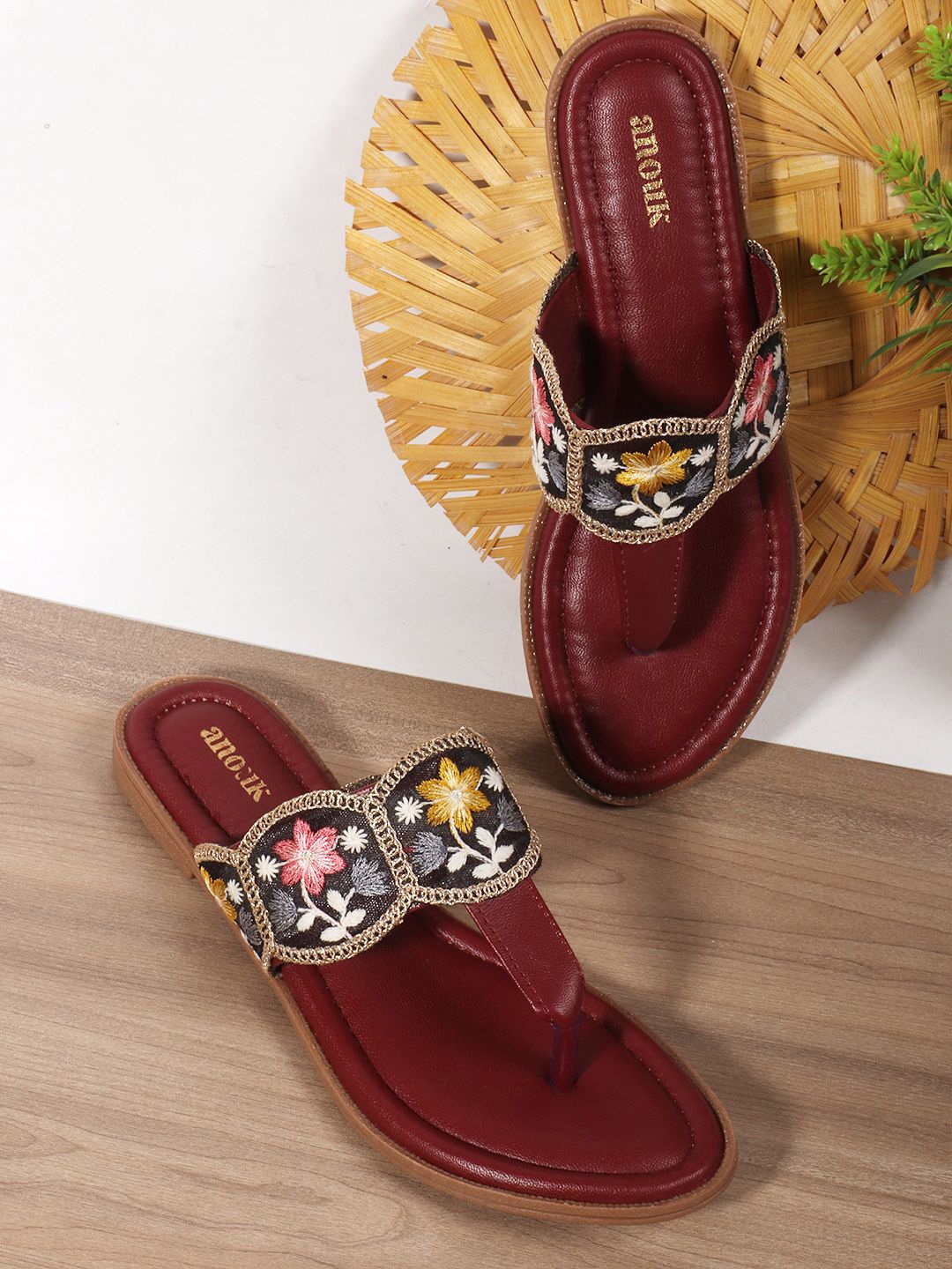 

Anouk Women Embroidered T-Strap Flats, Maroon