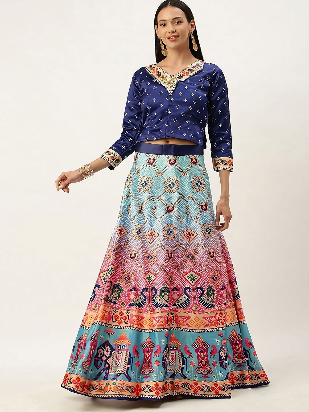 

Kaizen TEXO FAB Printed Satin Semi-Stitched Lehenga & Unstitched Blouse, Blue