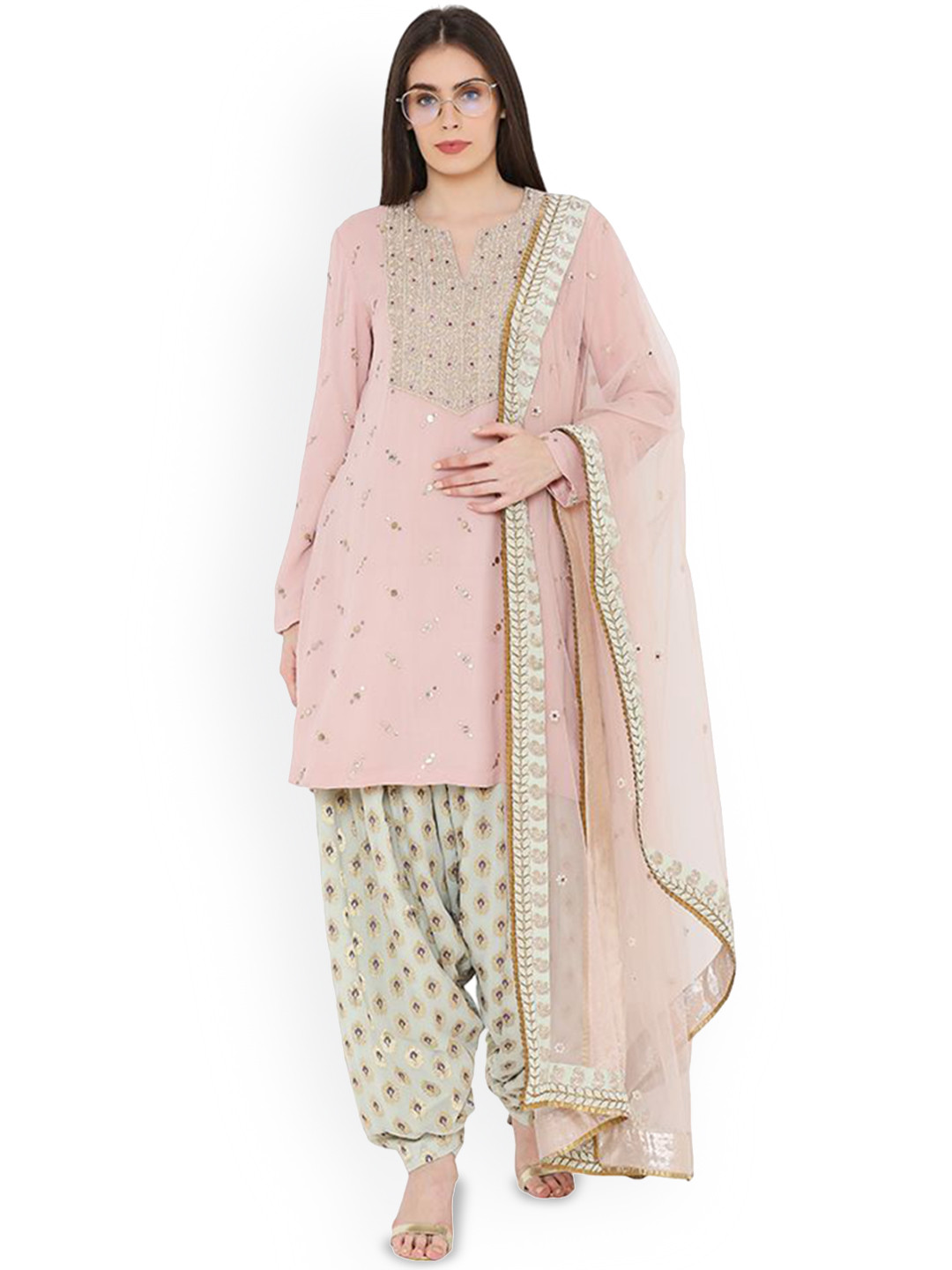 

Payal Singhal Floral Embroidered Regular Georgette Straight Kurta with Salwar & Dupatta, Pink