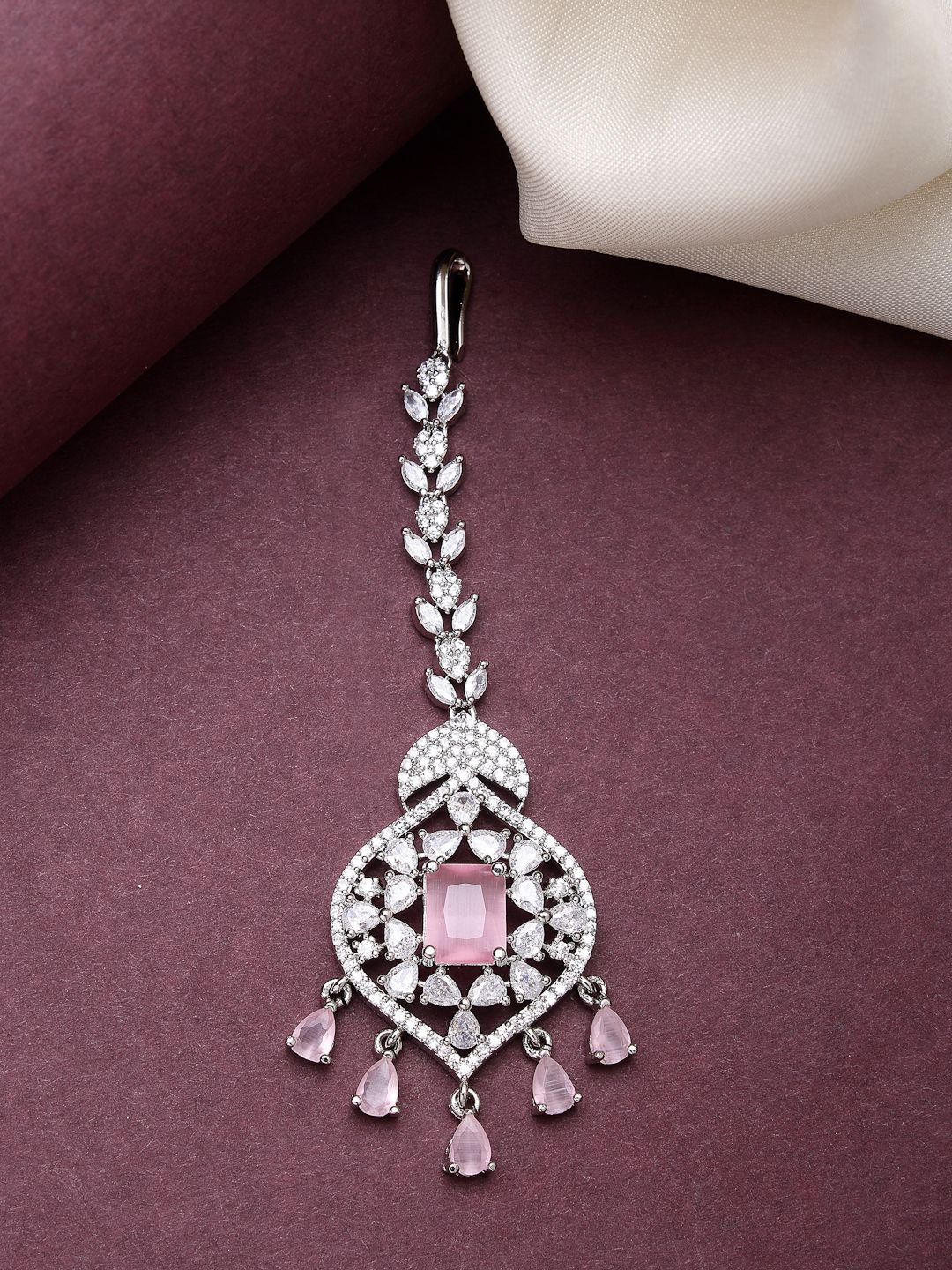 

ZENEME Rhodium-Plated American Diamond Studded Maang Tikka, Silver