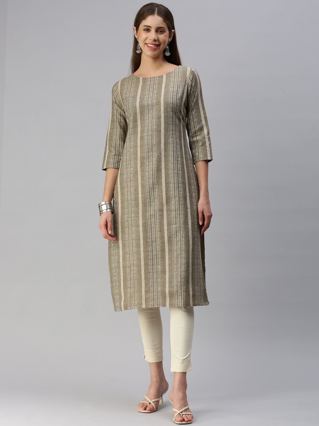 

KALINI Stripes Printed Straight Kurta, Beige