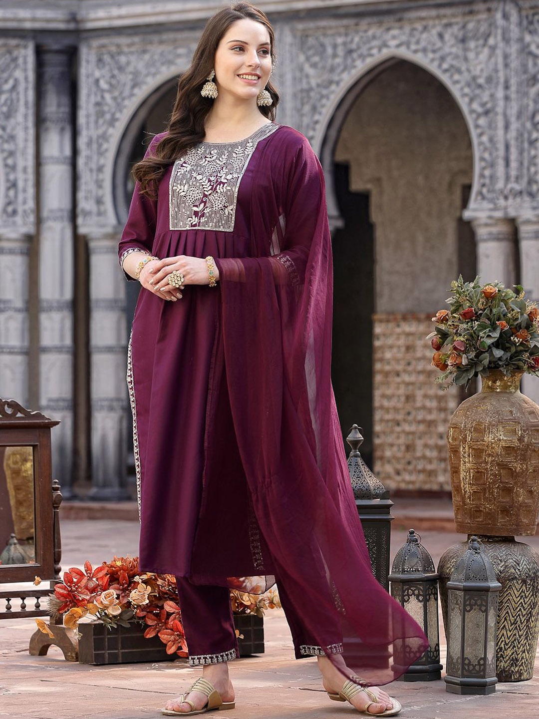 

Stylum Floral Embroidered Thread Work A-Line Kurta With Trousers & Dupatta, Purple