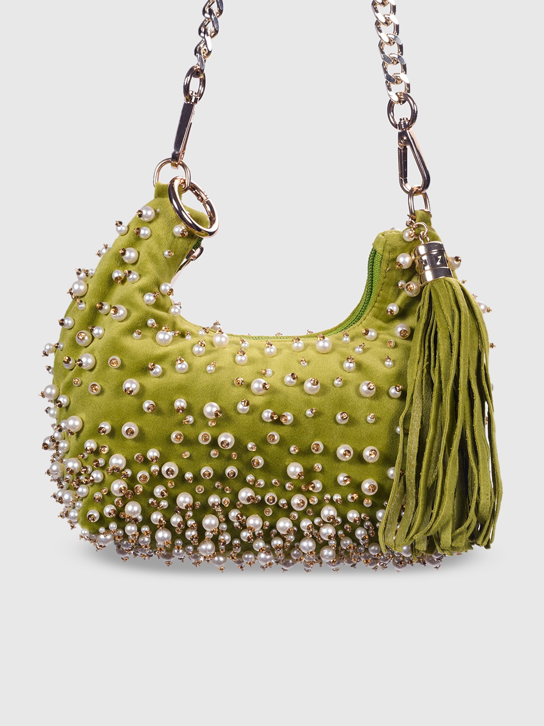 

D'oro Embellished Structured Shoulder Bag with Tasselled Detail, Green