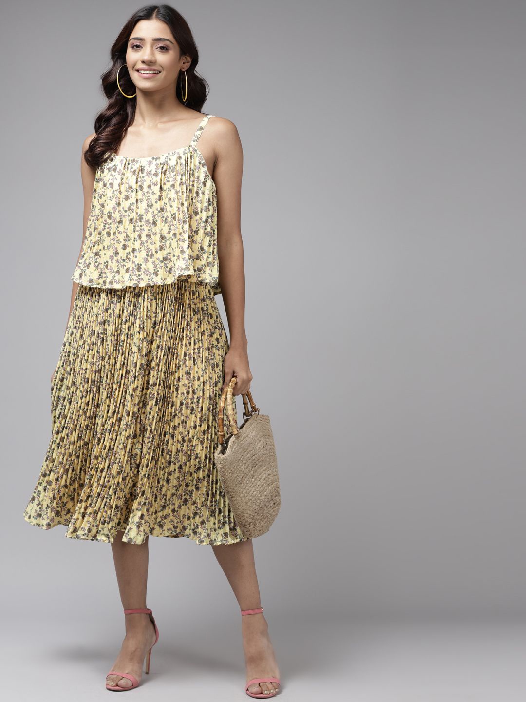 

BAESD Floral Printed Sleeveless A-Line Midi Dress, Yellow