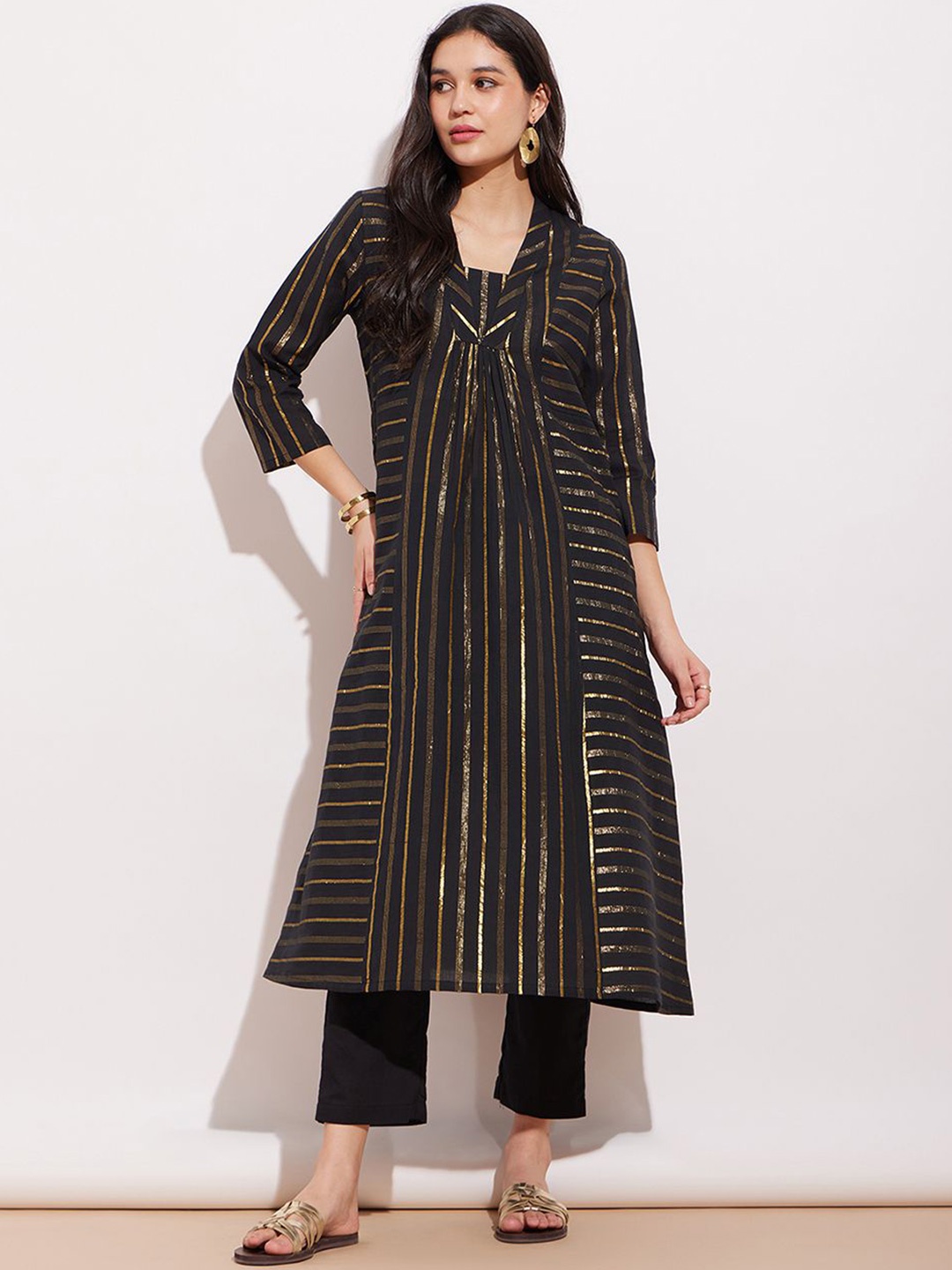 

Pink Fort Striped A-Line Pure Cotton Kurta with Trousers, Black