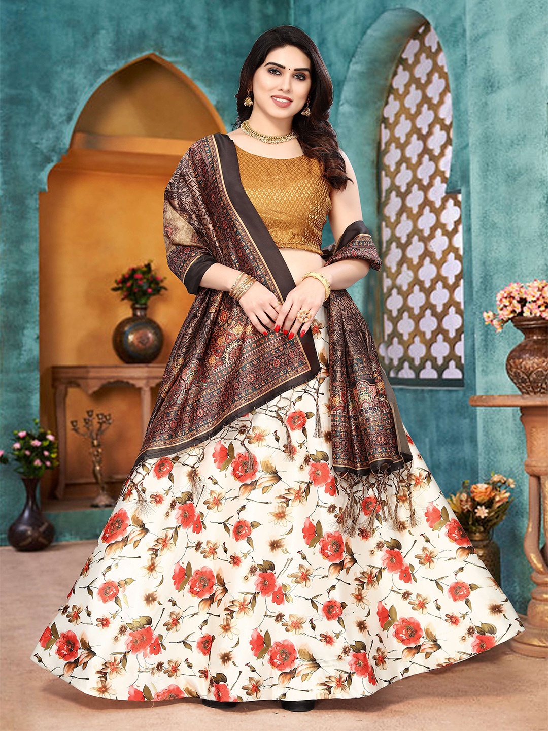 

Kaizen TEXO FAB Woven Design Semi-Stitched Lehenga & Unstitched Blouse With Dupatta, Orange