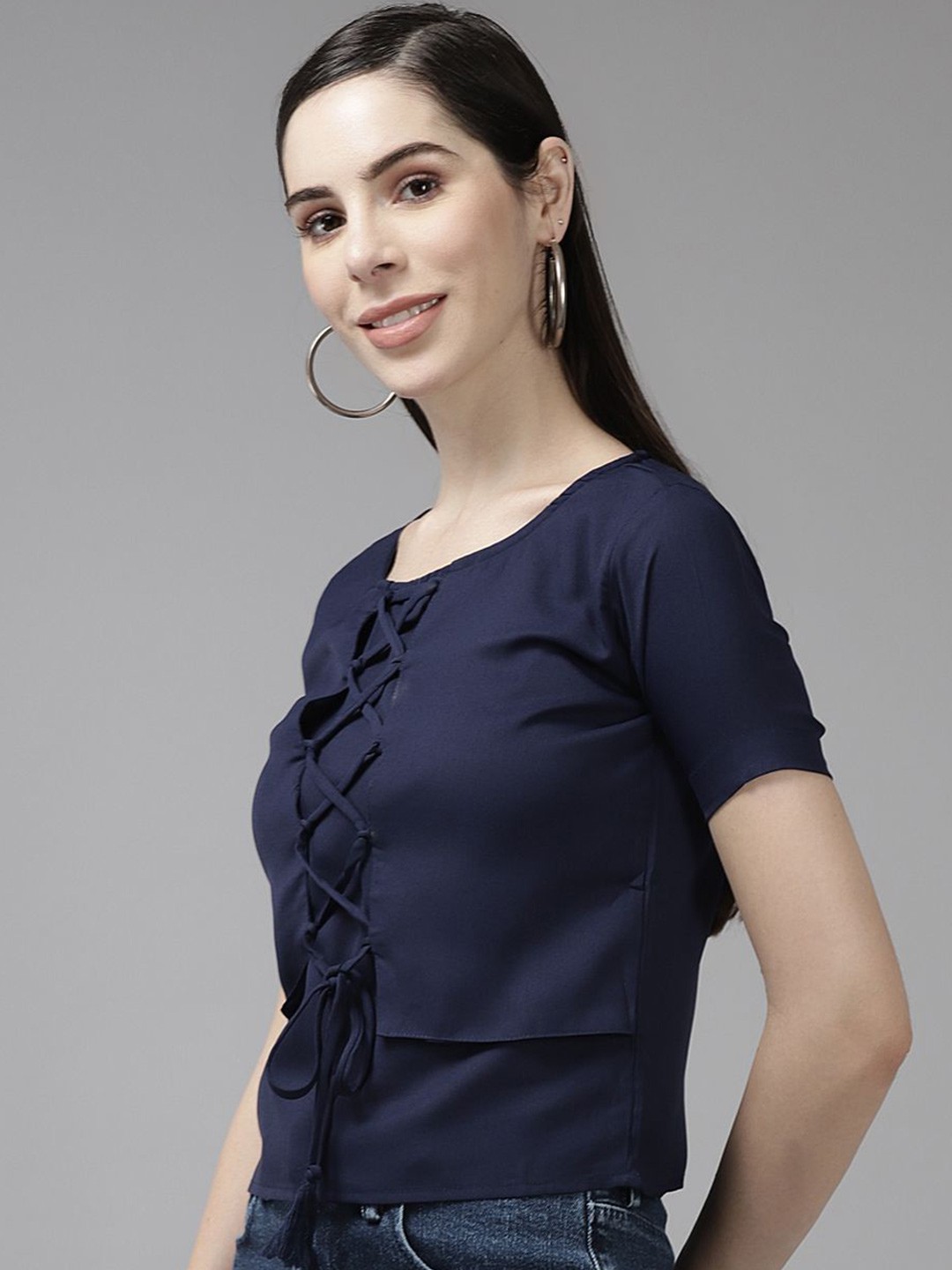 

BAESD Women Solid Round Neck Top, Navy blue