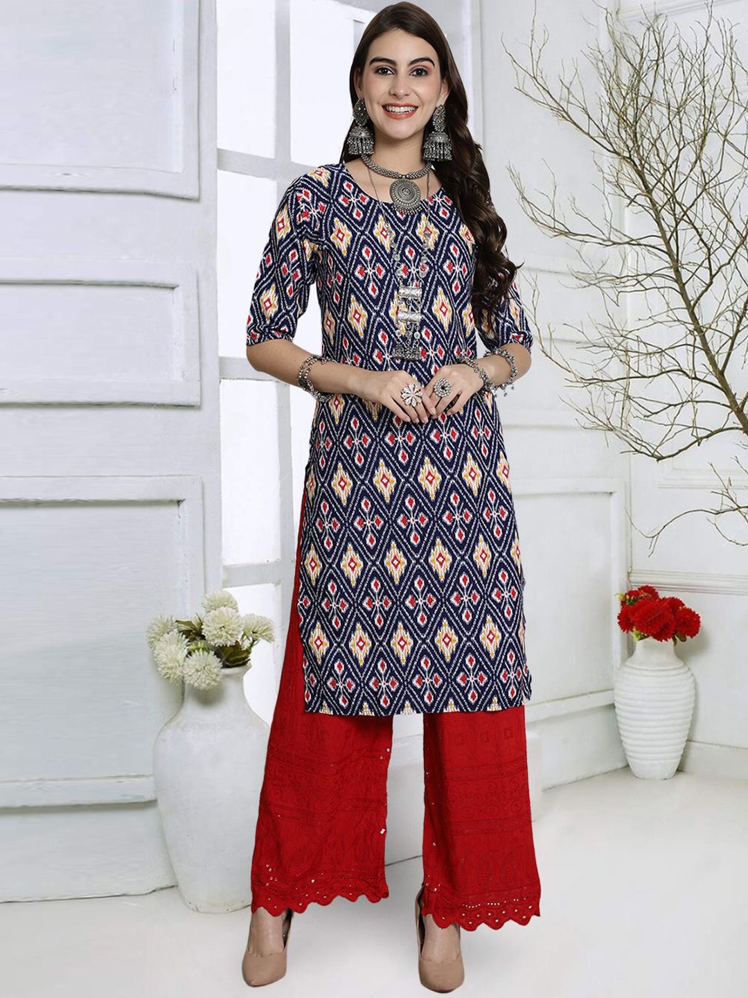 

7Threads Ethnic Motifs Printed Round Neck Straight Kurta, Blue