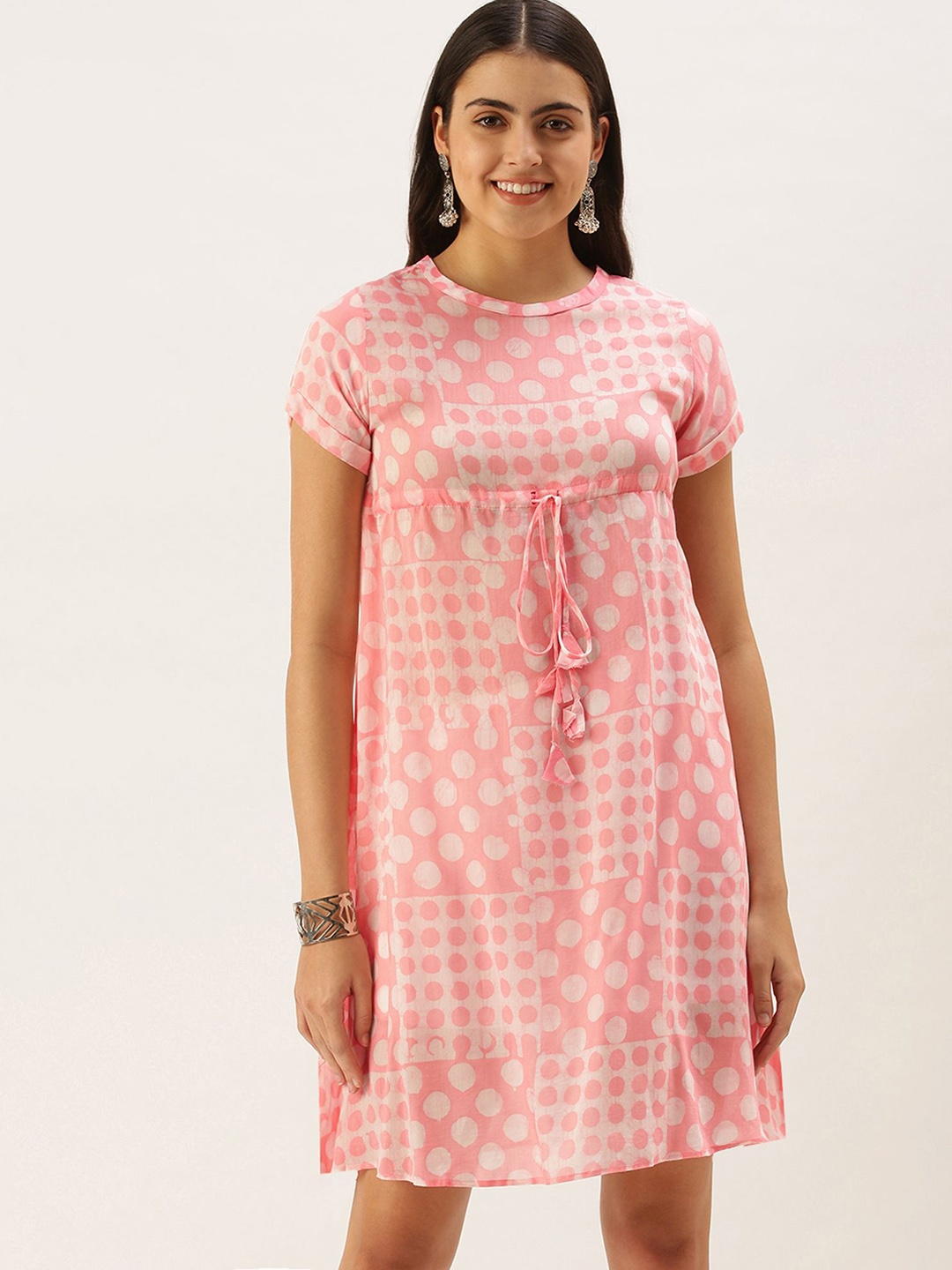 

KALINI Polka Dots Printed Tie-Ups Details A-Line Kurta, Pink