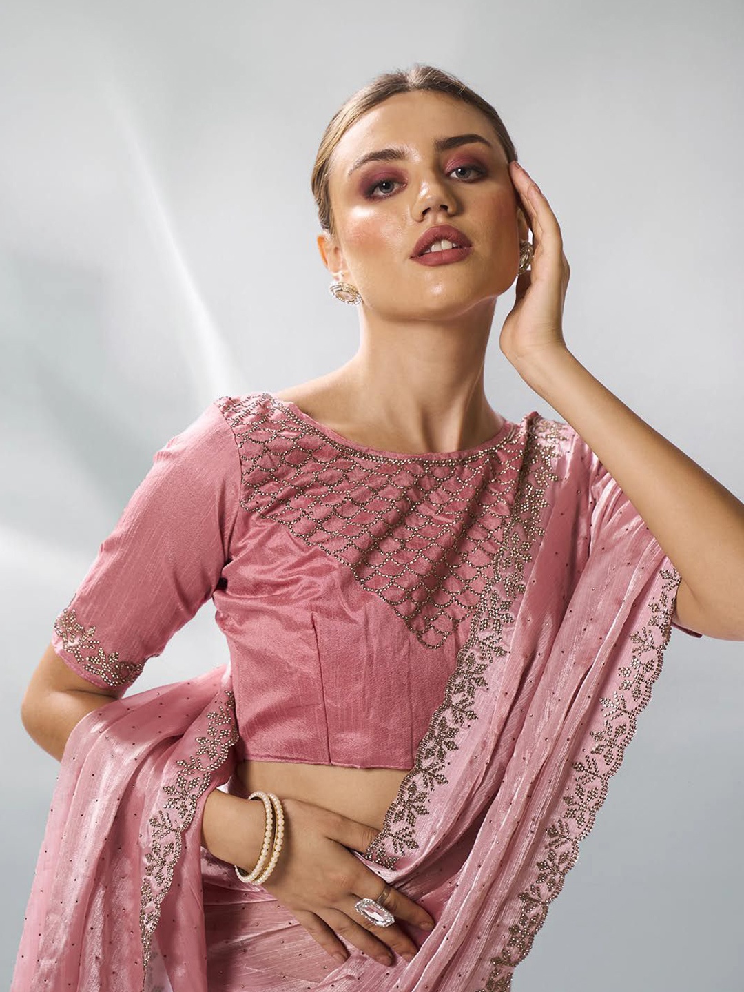 

Mitera Embellished Beads and Stones Organza Saree, Pink