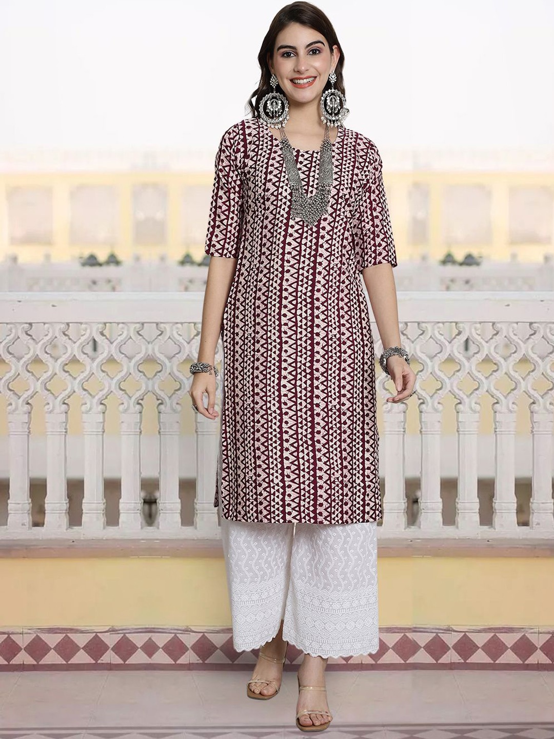 

KALINI Ethnic Motifs Printed Round Neck Crepe Straight Kurta, Maroon