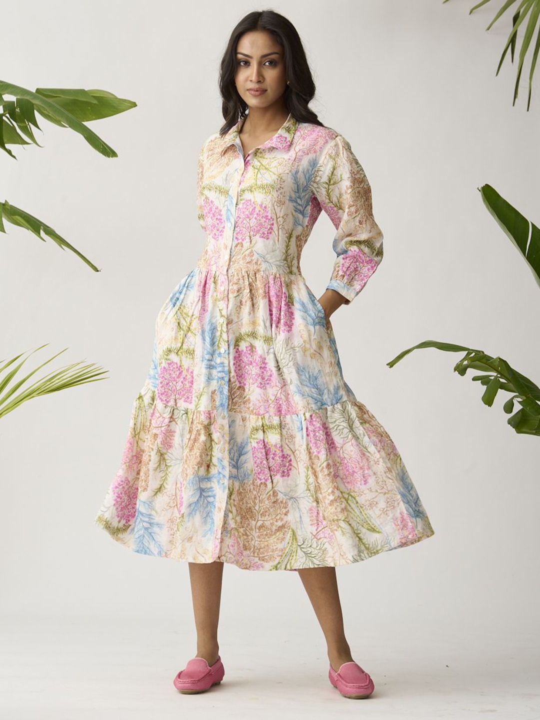 

Risate Women Floral Printed Puff Sleeves A-Line Midi Dress, Off white