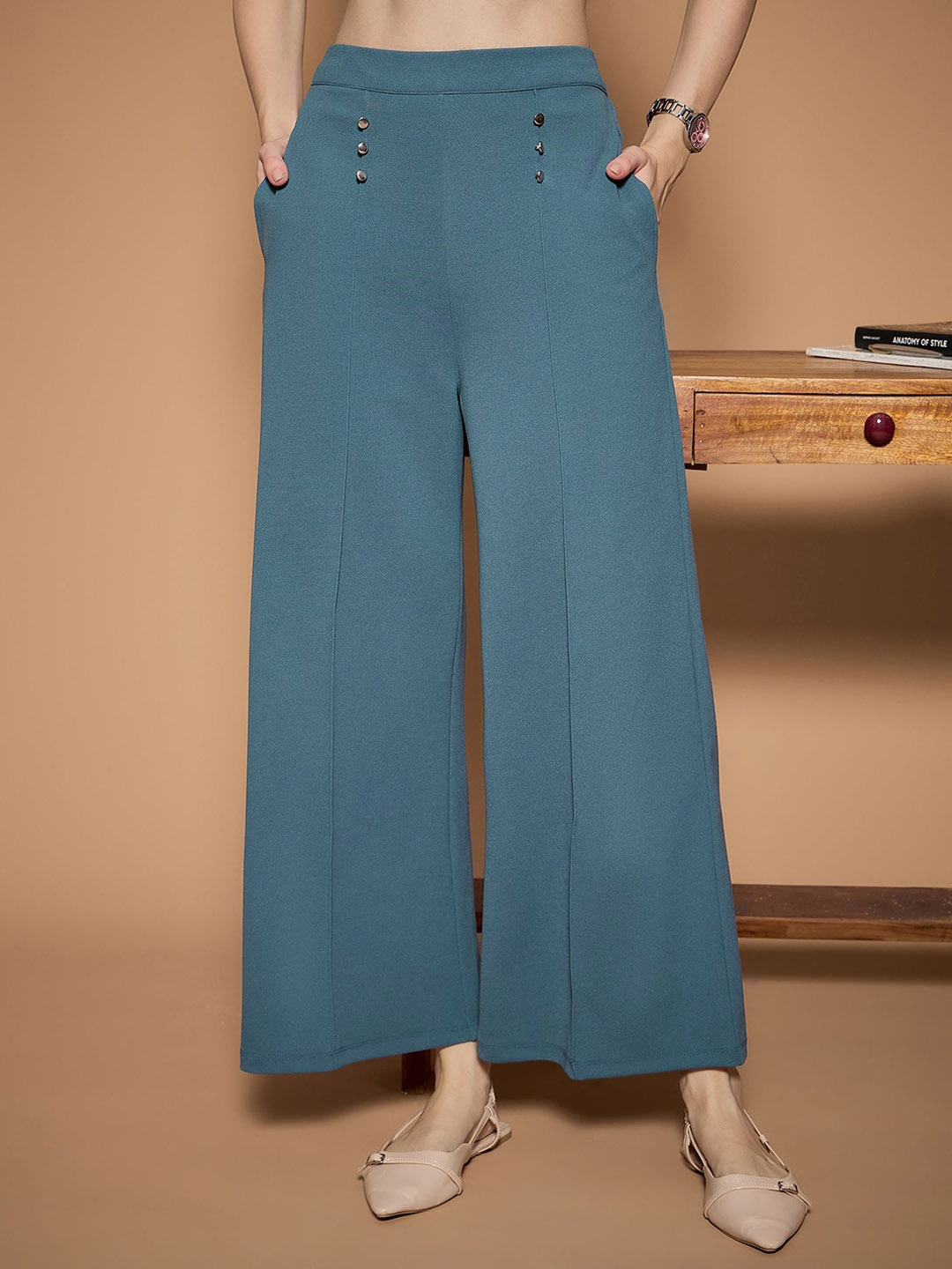 

URBANGRACE BY KASSUALLY Women Relaxed Straight Fit Easy Wash Trousers, Blue