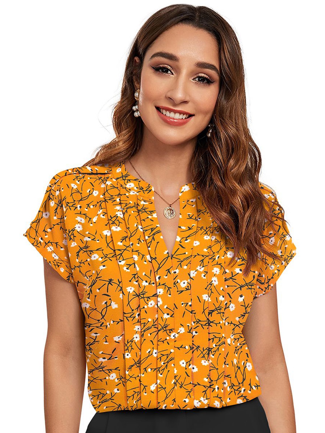 

SANJANA SILK Women Floral Printed Mandarin Collar Cotton Top, Yellow