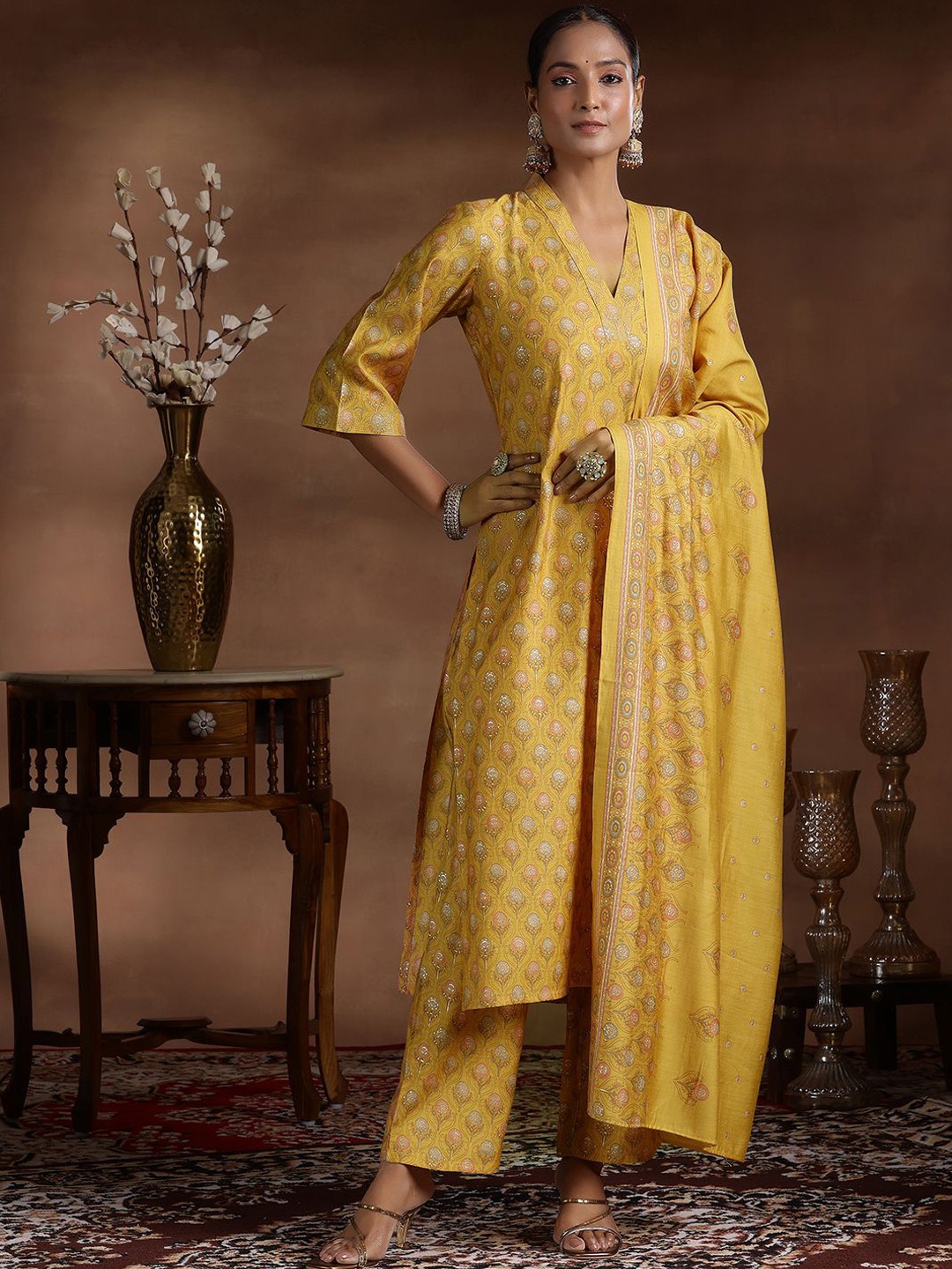 

Libas Floral Printed V Neck Straight Kurta with Palazzos & Dupatta, Mustard