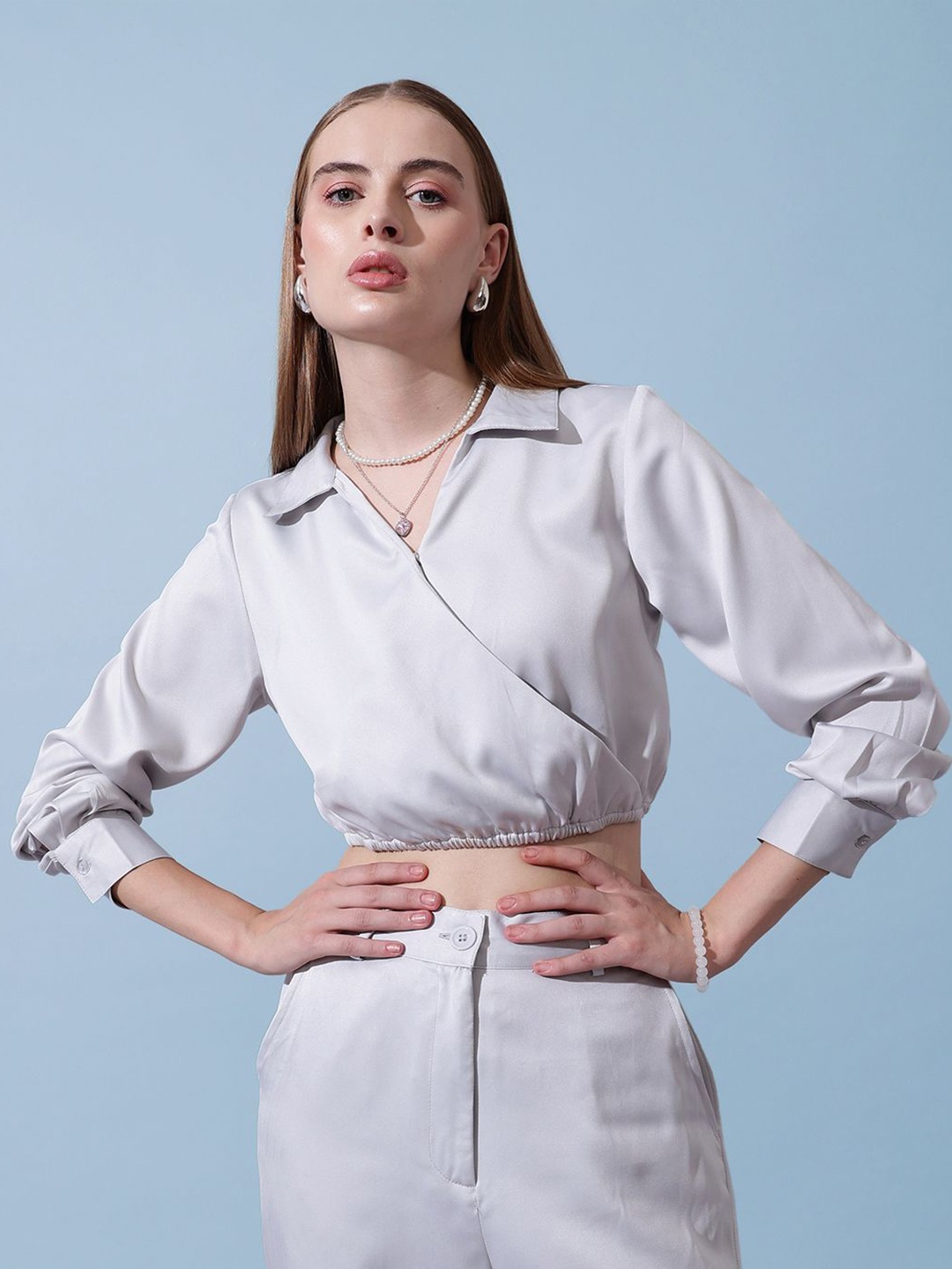

STREET 9 Women Solid Wrap Shirt Collar Crop Top, White