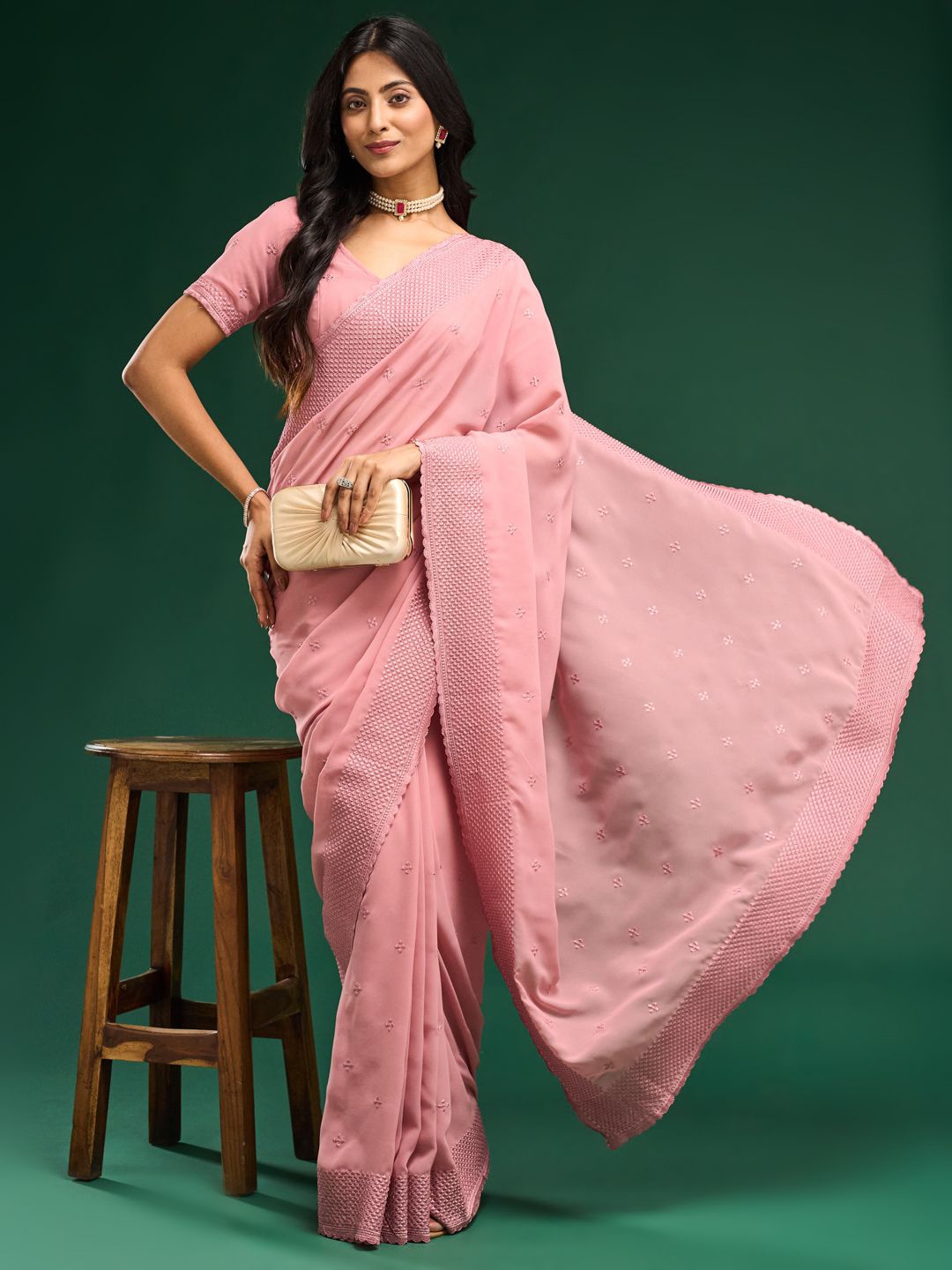 

kasee Ethnic Motifs Embroidered Pure Georgette Saree, Pink