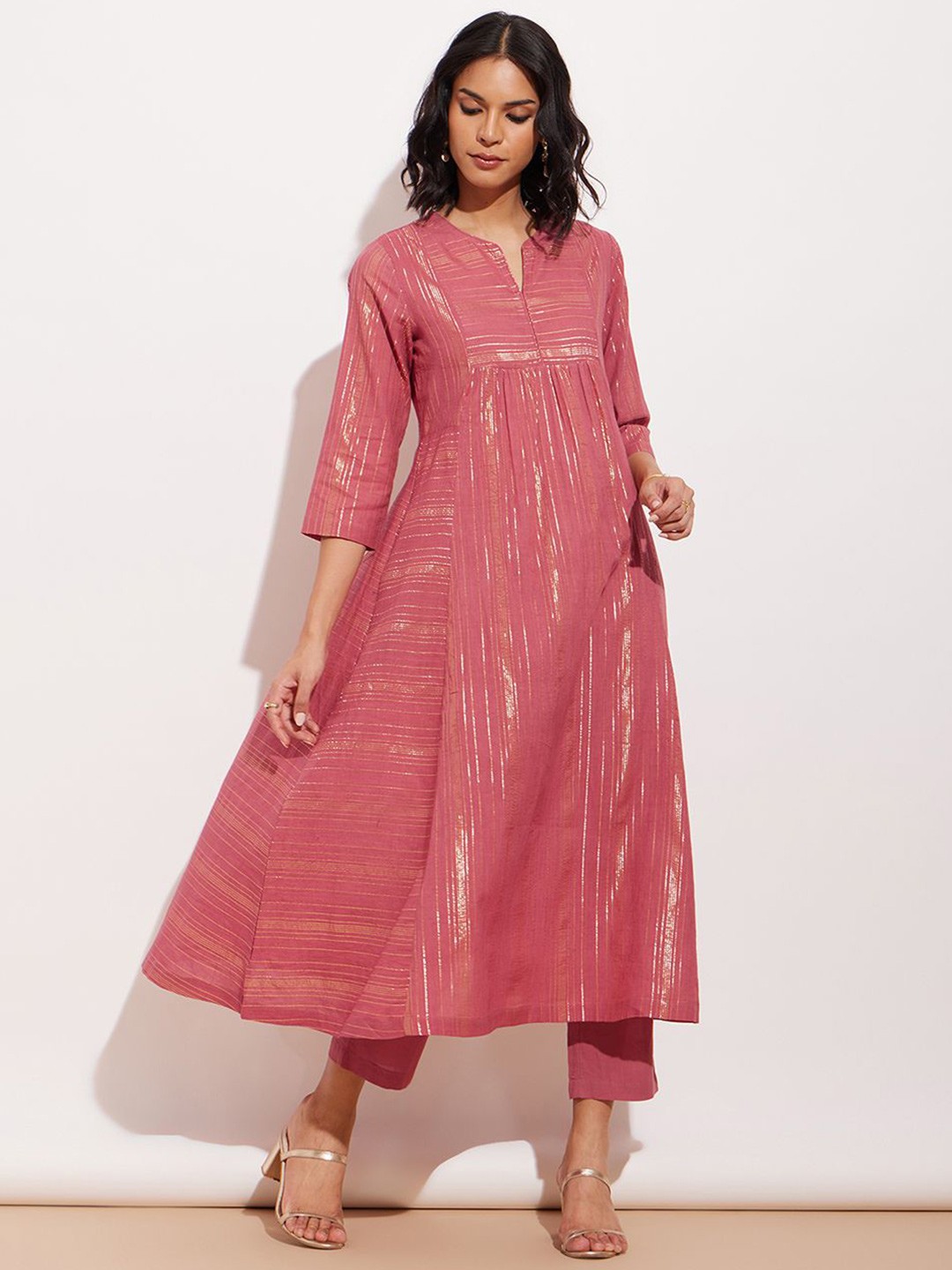 

Pink Fort Striped Notch Neck Pure Cotton A-Line Kurta with Trousers